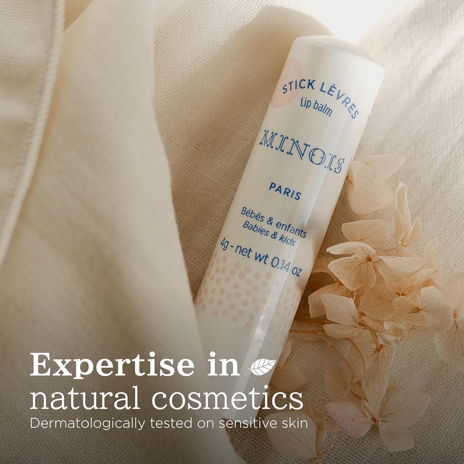 Minois Paris Baby & Kids Lip Balm - 100% Natural Organic Moisturizing Lip Care, Kids Chapstick With Sweet Almond Oil and Rice Wax, Non-Toxic Lip Treatment for Dry Chapped Lips, Made in France 4g
