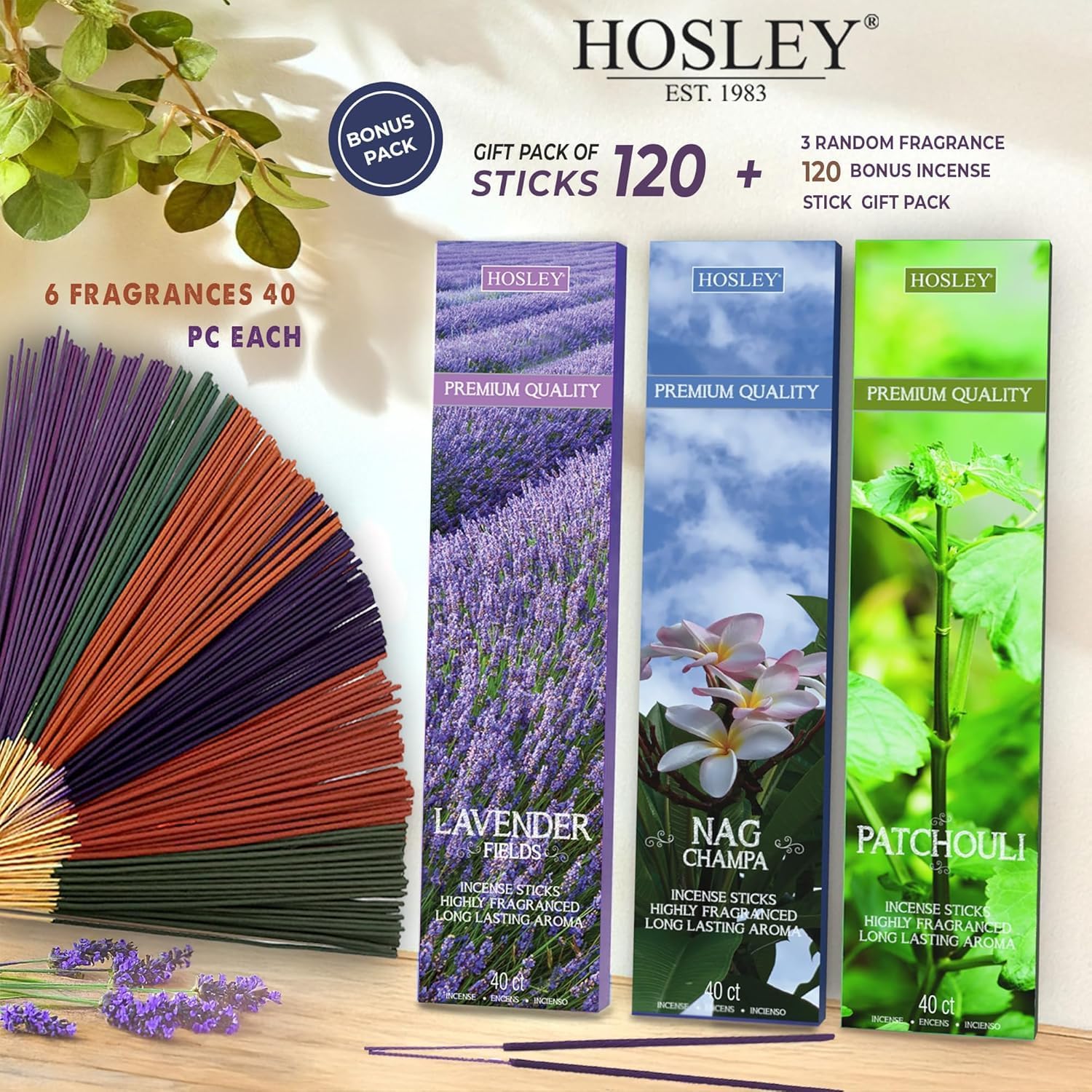 Hosley 120 Pack Incense Sticks + Bonus 120 Pack (Total 240) – Patchouli, Nag Champa, Myrrh & 3 Random Grab Bags – Bulk Pack Perfect for Home, Meditation & Aromatherapy