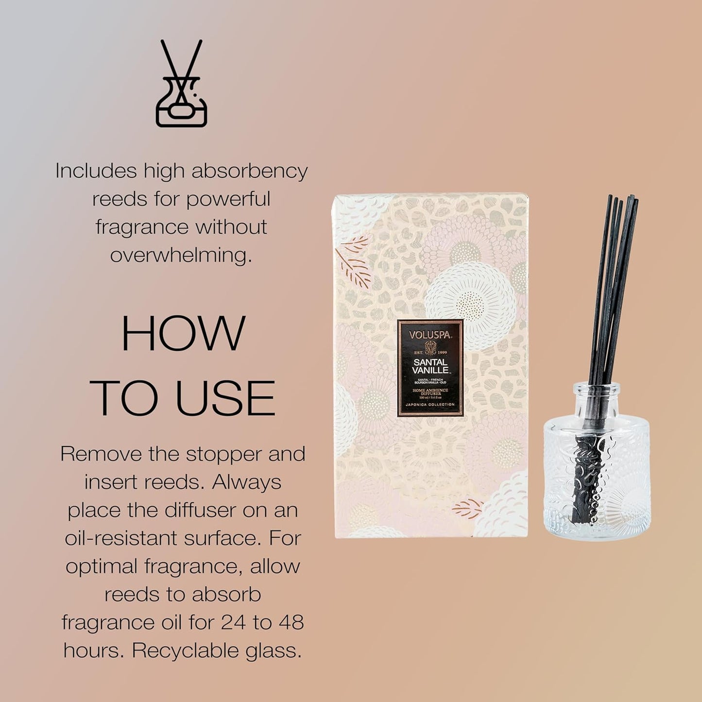 Voluspa Santal Vanille Scented Reed Diffuser, 3.4 oz, Luxury Santal Diffuser, Oil Reed Diffusers for Home, Handcrafted in the USA