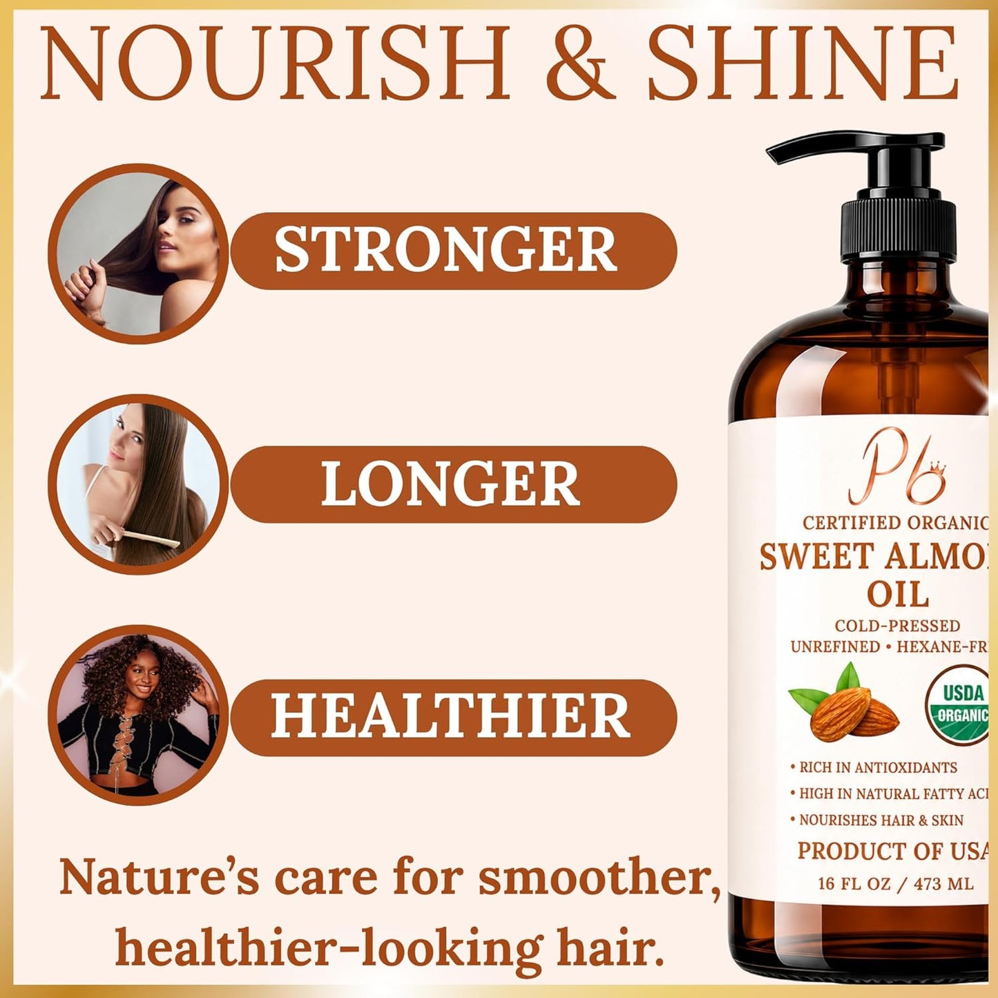 Pomberries Almond Oil 16 fl oz, USDA Organic Cold-Pressed Sweet Almond Oil for Skin, Hair & Body, Premium Organic Carrier Oil in Glass Bottle with Pump, Non-Greasy, Unscented, Hexane-Free