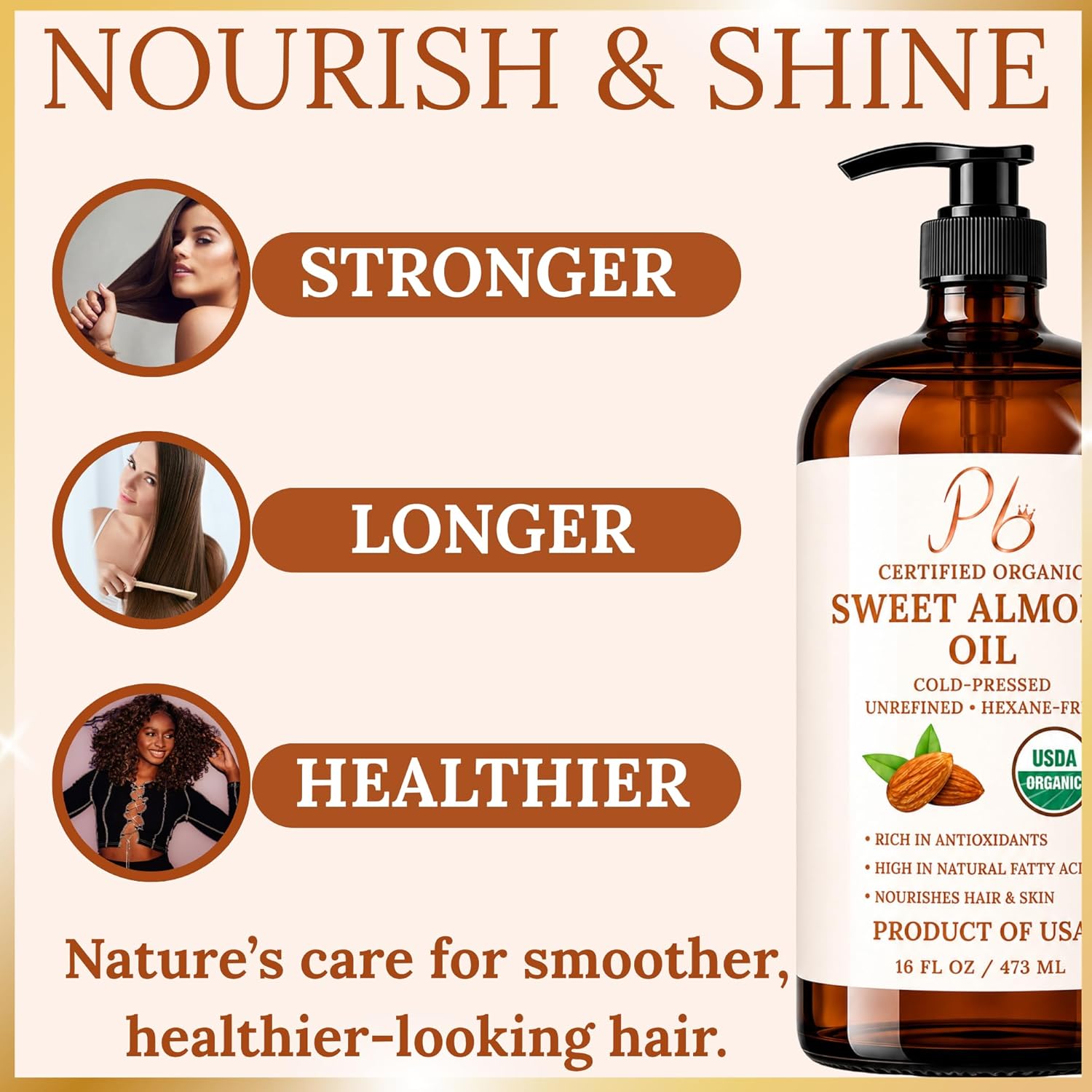 Pomberries Almond Oil 16 fl oz, USDA Organic Cold-Pressed Sweet Almond Oil for Skin, Hair & Body, Premium Organic Carrier Oil in Glass Bottle with Pump, Non-Greasy, Unscented, Hexane-Free