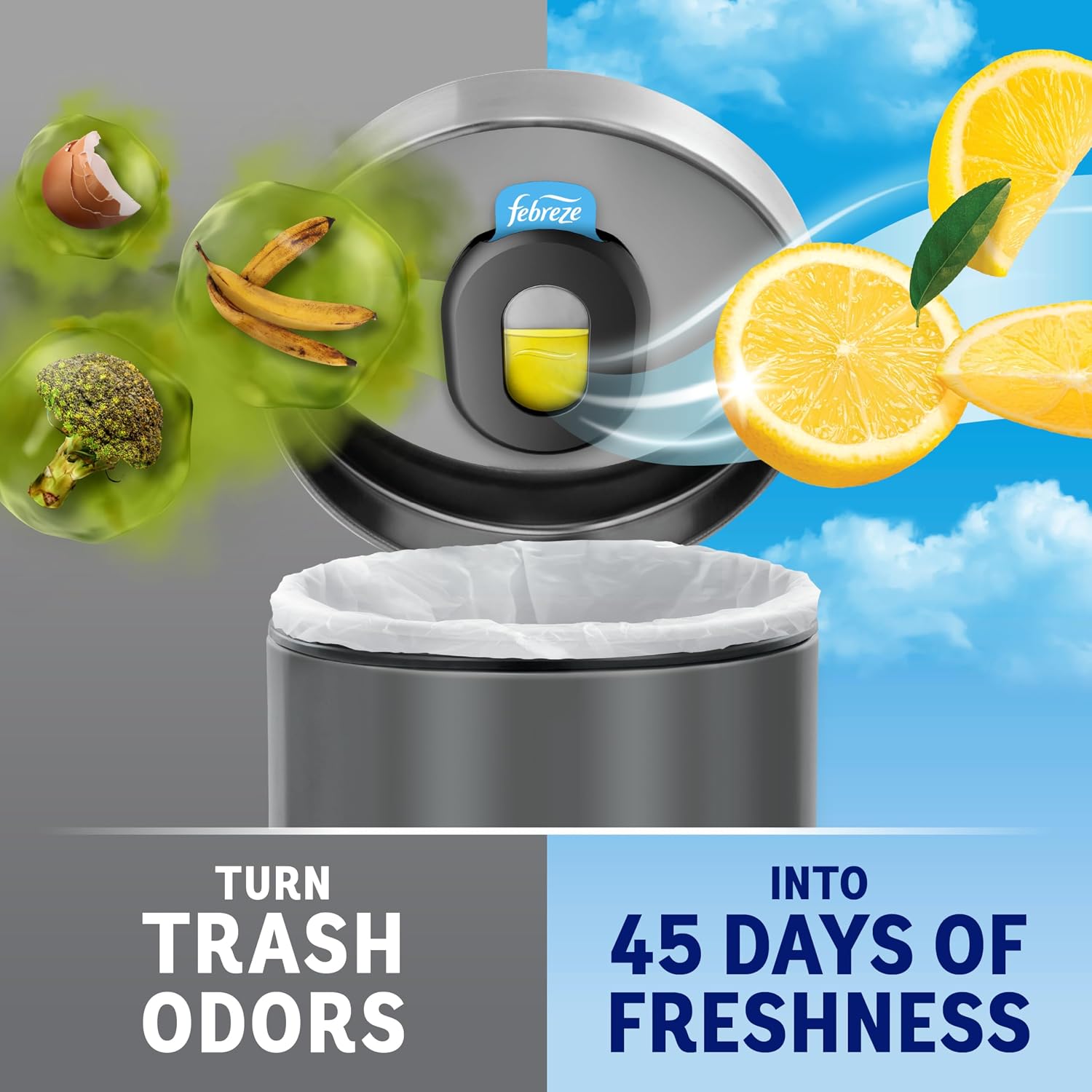 Febreze Trash Odor Fighter, Trash Can Air Freshener, Stick-On Deodorizer for Garbage Cans, Diaper Pails, Works with Scented Trash Bags, Fresh Lemon and Linen & Sky Scents, 2 Holders + 2 Refills
