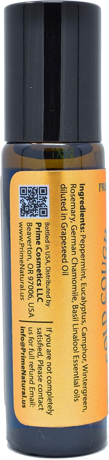 Prime Natural Cold Cough Congestion Relief Essential Oil Roll on (10ml), Pre-Diluted Ready to Use Roller for Sinus, Sore Muscle, Headache & Sleep