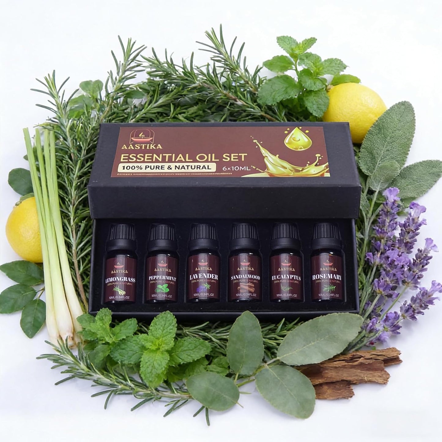 Aastika Aromatherapy Essential Oil Set – 100% Pure & Natural, 6X10ml(Lavender, Lemongrass, Eucalyptus, Rosemary, Sandalwood, Peppermint) Bottle