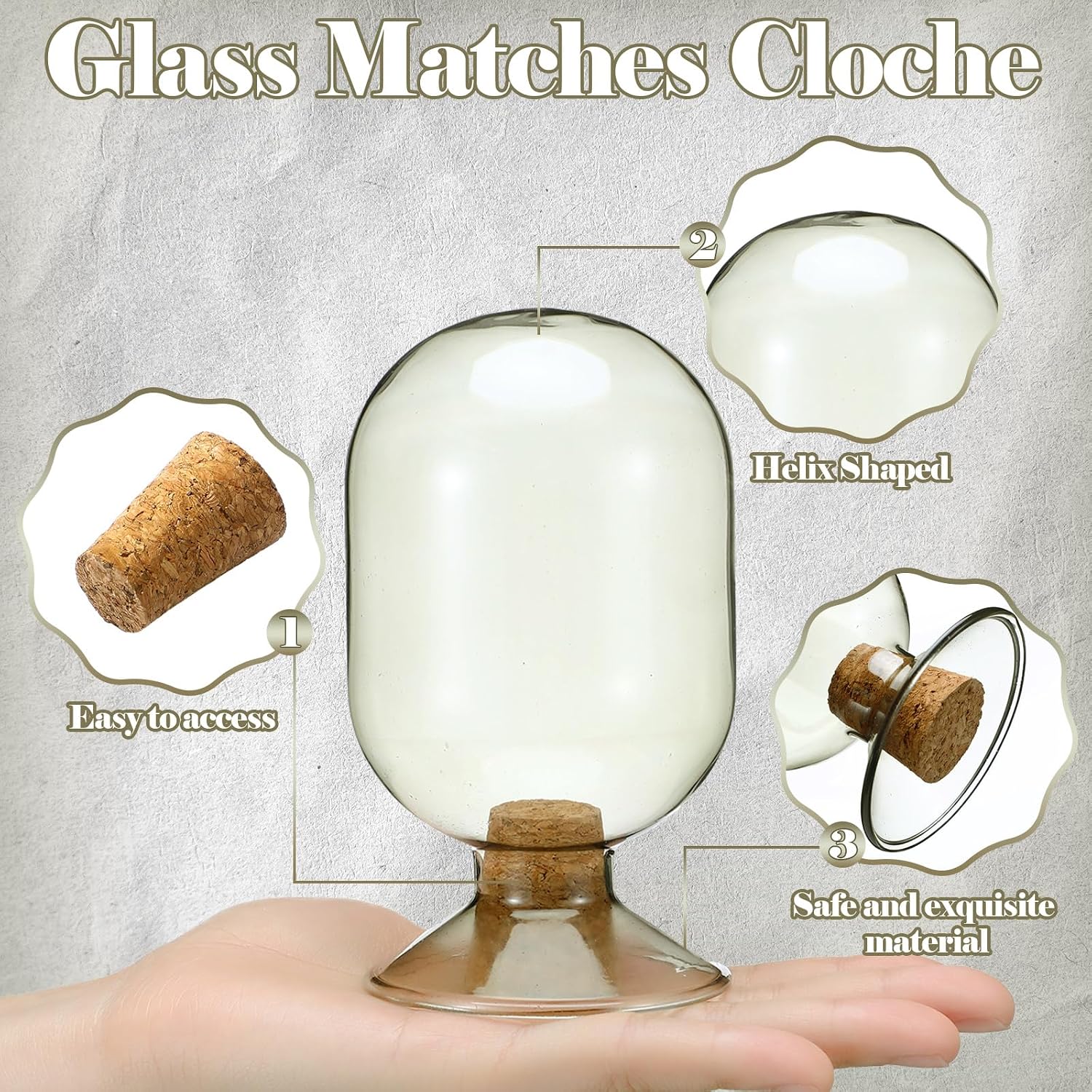 Teenyyou Smoke Grey Glass Match Cloche Holder Decorative Matches Jar Trendy Fireplace Display Decor, Not Include Sticks(5 x 2.87 Inch)