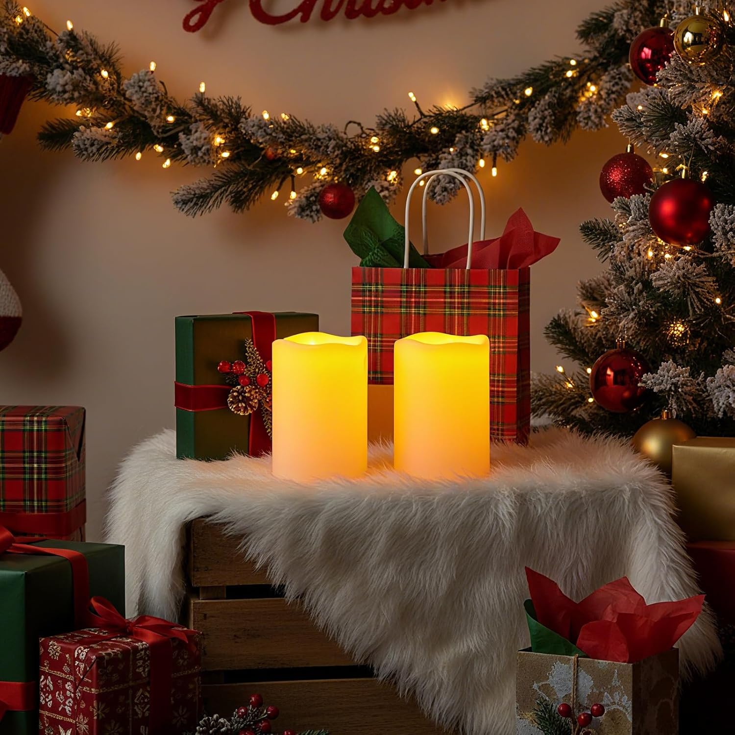 Amagic 2 Pack 6" x 4" Outdoor Plastic Electric flameless Candles with Remote Control and Timer, Battery Operated Flickering LED Pillar Fake Candle for Home, Wedding Decor, Ivory