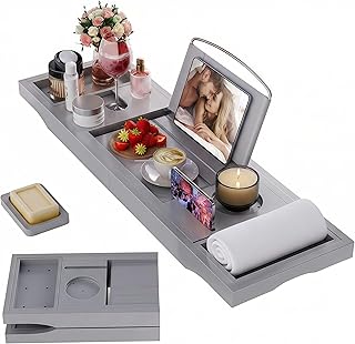 Foldable Bathtub Caddy Tray, Bamboo Bath Tub Tray Table for Tub with Wine Glass Holder Book Phone Tablet Holder with Extending Sides, Adjustable Bathroom Bathtub Free Soap Holder Gift Idea (Grey)