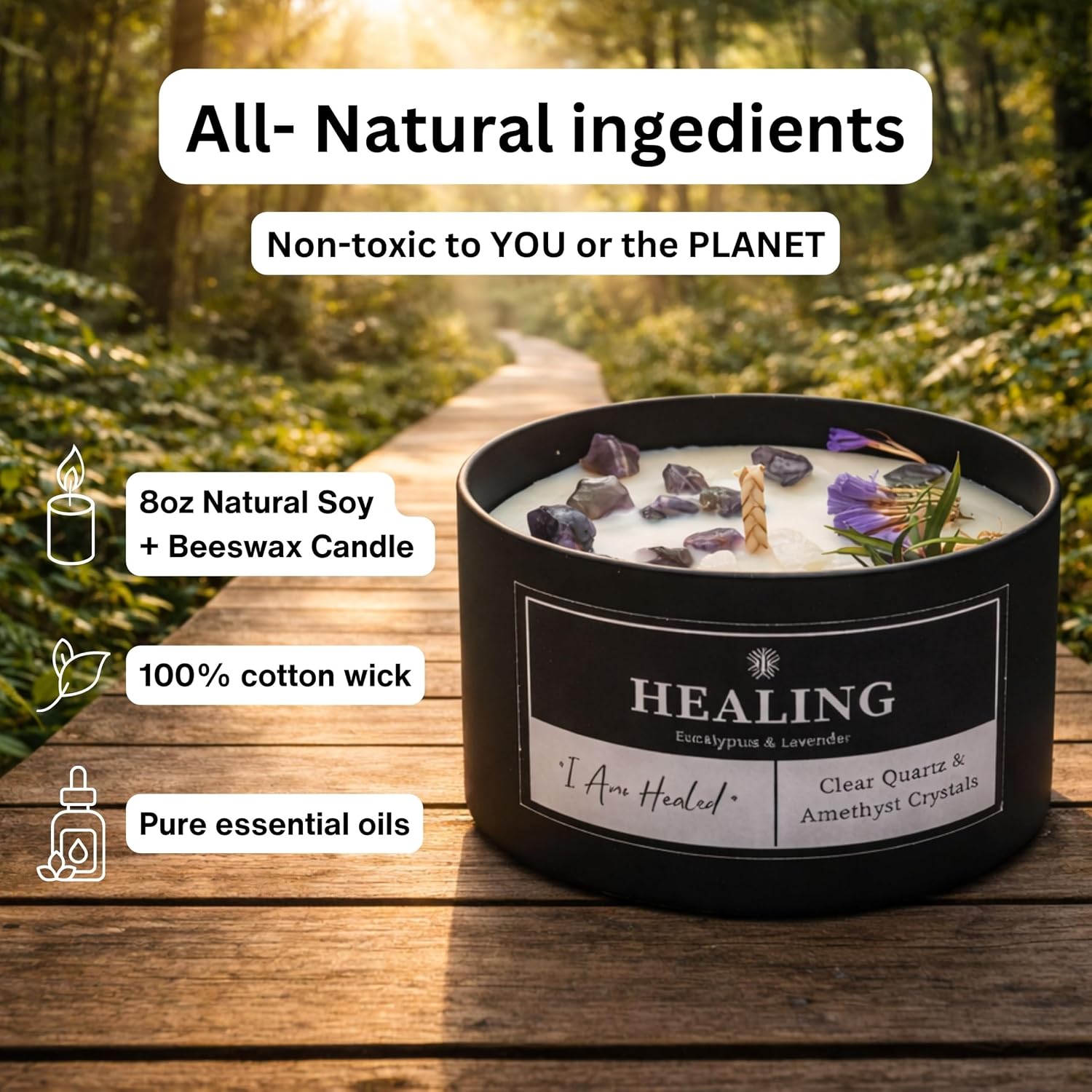 Healing Crystals Candle for Meditation & Room Decor, 8oz, Aromatherapy Candle with Clear Quartz and Amethyst, Eucalyptus & Lavender Essential Oil Scented Candles, Non Toxic Candles for Stress Relief