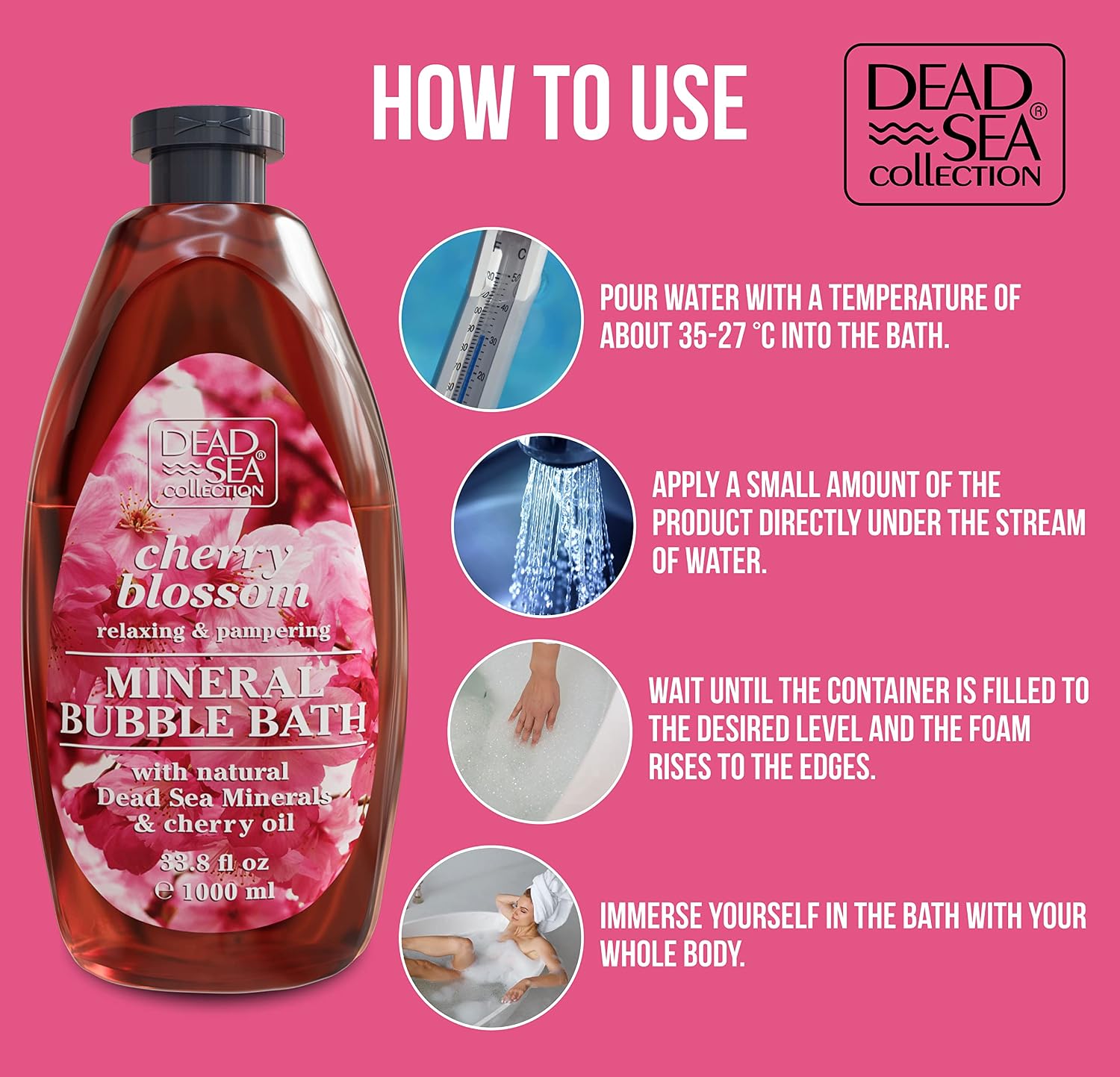 Dead Sea Collection Bubble Bath with Cherry Blossom for Women and Men – Cherry Seeds Oil and Dead Sea Salt - Nourishing and Moisturizing Skin - Pack of 2 (67.6 fl.oz)
