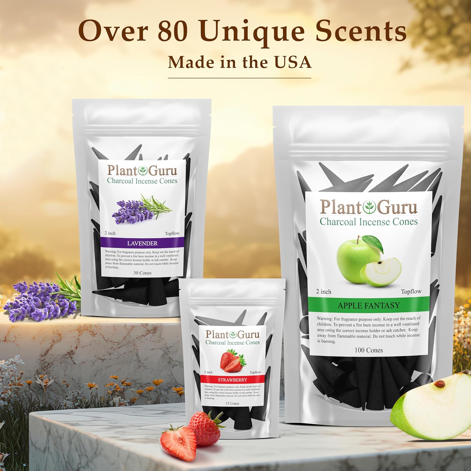 Lemongrass Charcoal Incense Cones 2" TOPFLOW - 60 Pack - Natural Scented Cones Handmade Hand Dipped