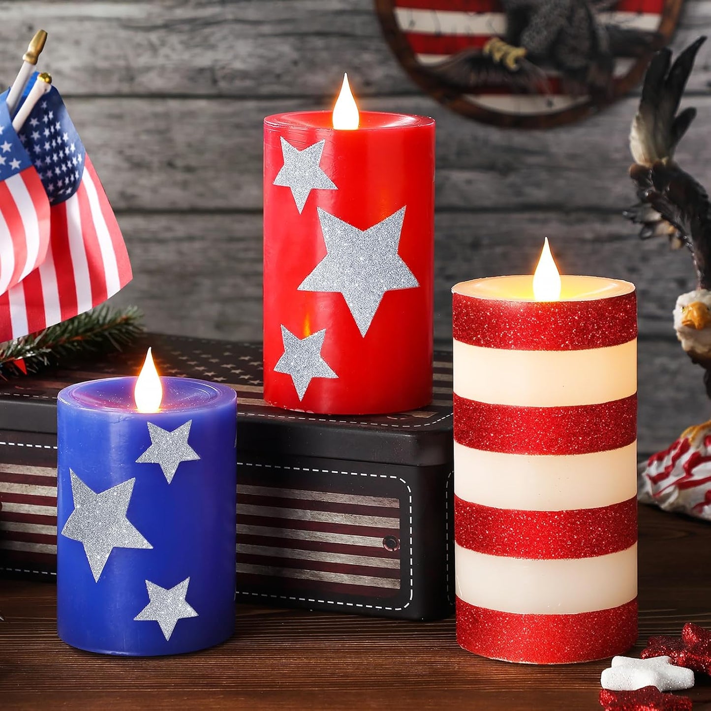 Set of 3 Patriotic Flameless Candles, Red White and Blue Battery Operated Pillar Candles, Patriotic Candles for 4th of July Independence Day Home Decor