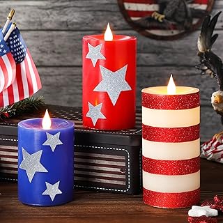 Set of 3 Patriotic Flameless Candles, Red White and Blue Battery Operated Pillar Candles, Patriotic Candles for 4th of July Independence Day Home Decor