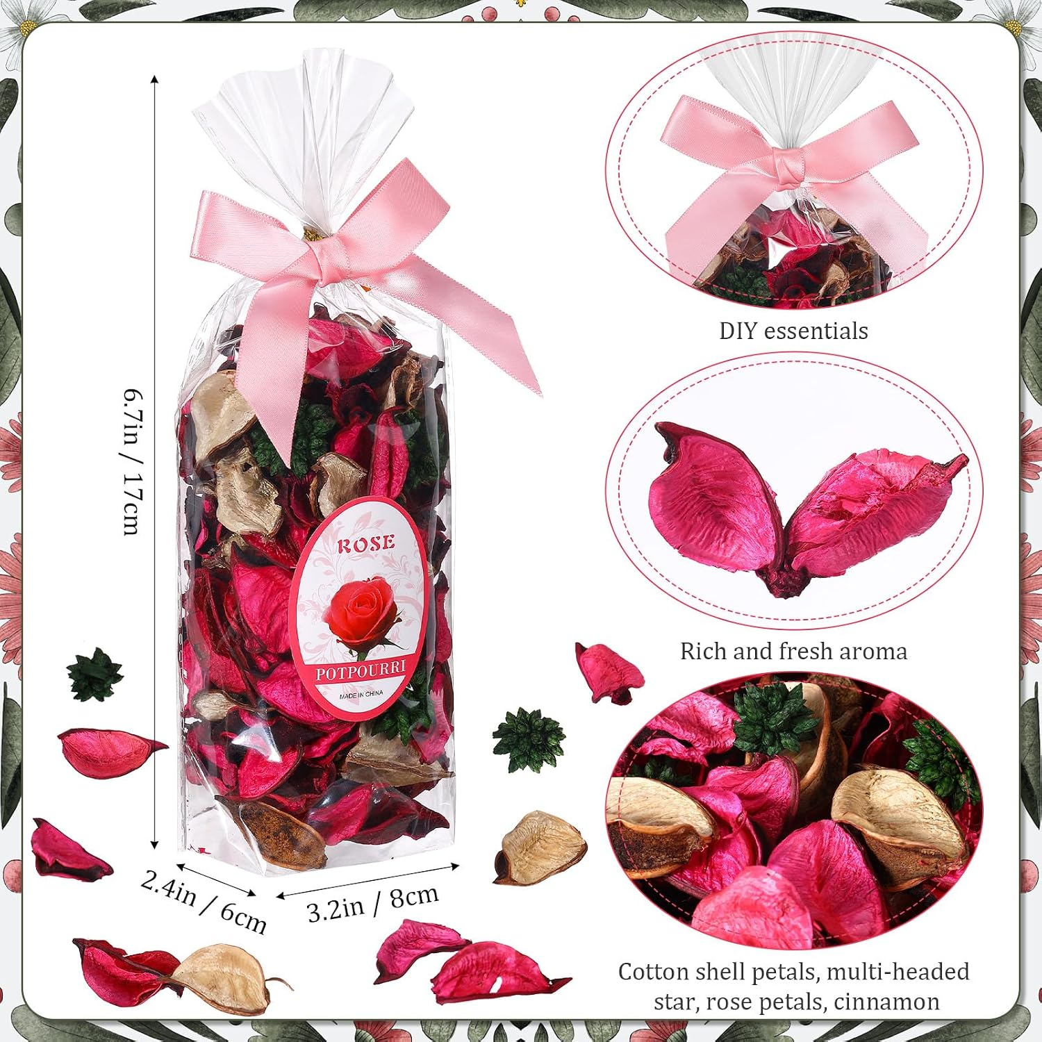 Nuanchu 6 Pcs Potpourri Bags Rose Red Potpourri Bowl Filler Rose Scented Dried Flowers Petals Cinnamon Scented Vase Fillers Home Perfume Sachet for Home Decor, Office, Bedroom, 12.7 oz Total