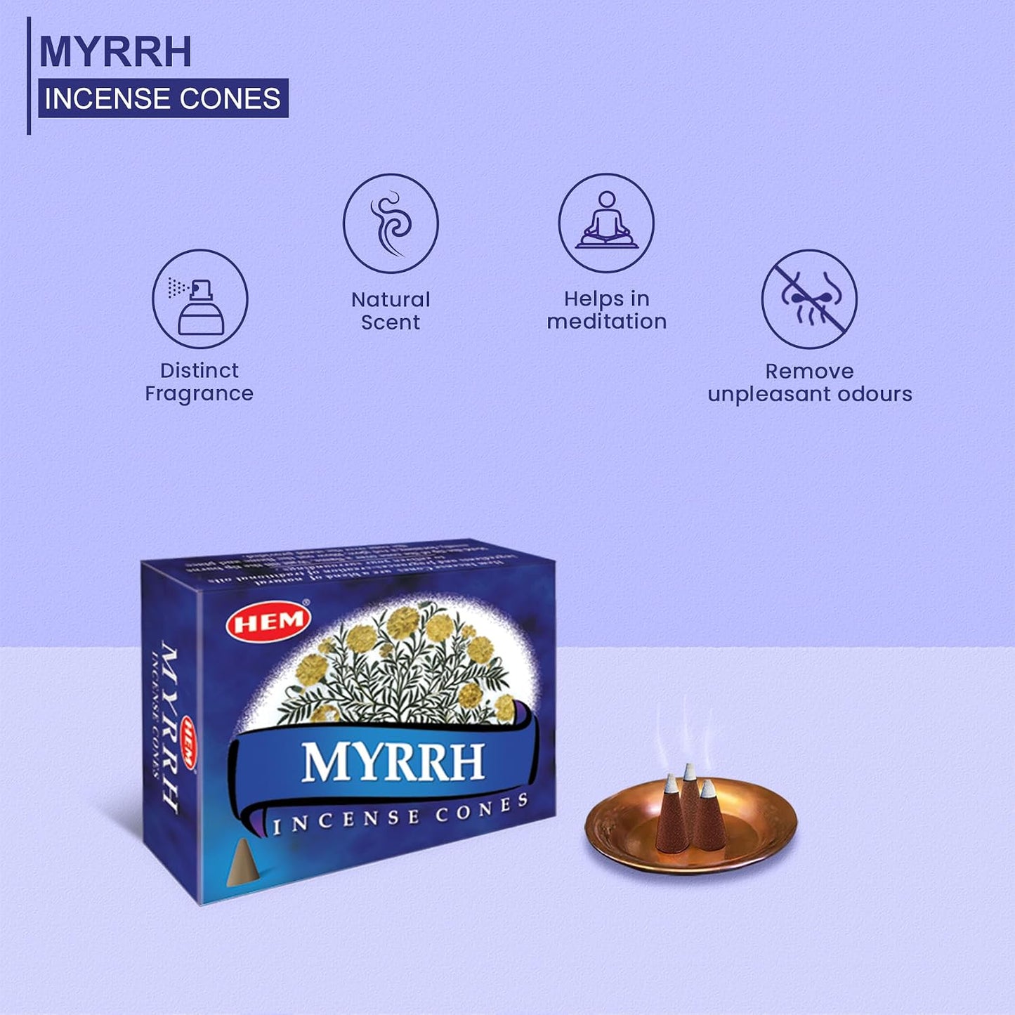 HEM Myrrh Incense Cones – Pack of 12 (Total 120 Cones) | Natural Long-Lasting Fragrance | Air Purifier & Stress Relief | Ideal for Meditation, Yoga & Positivity