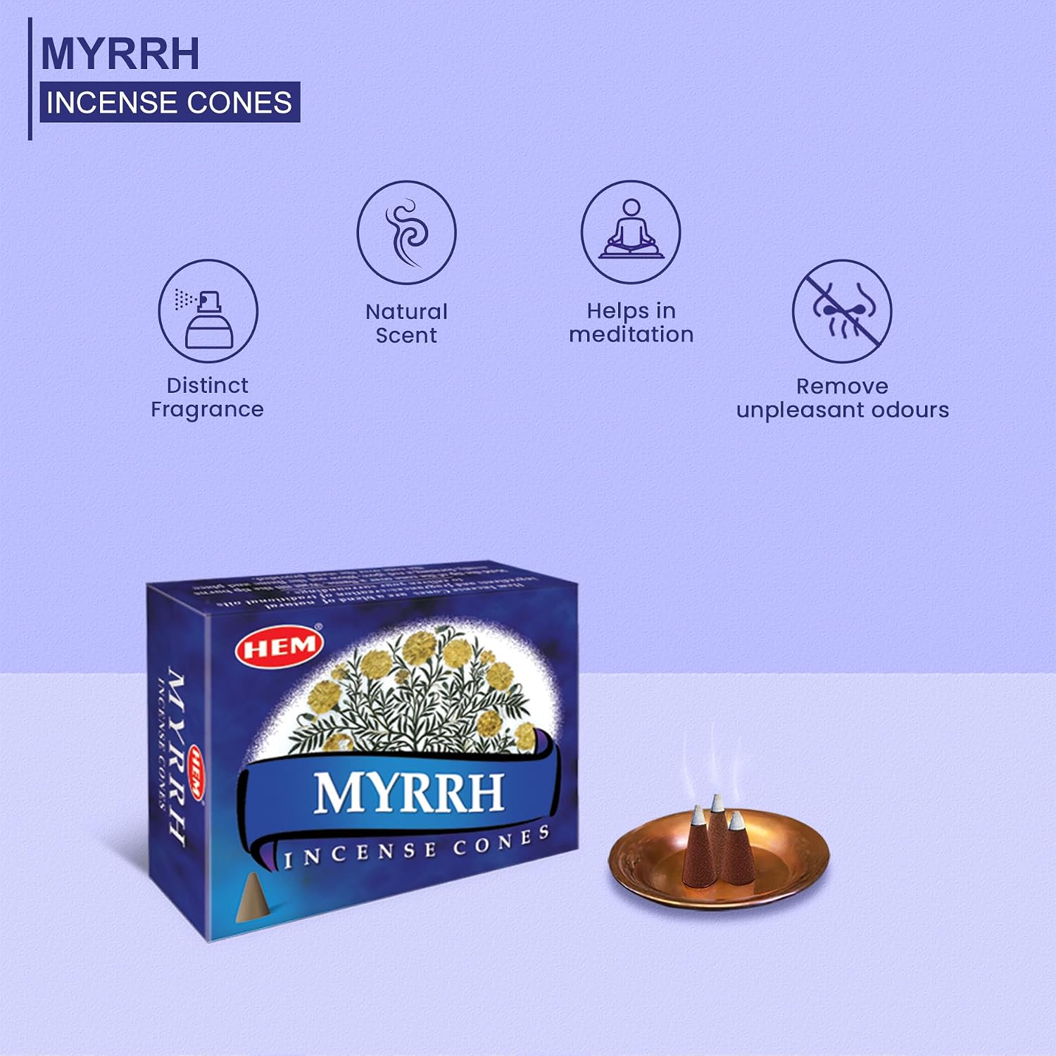 HEM Myrrh Incense Cones – Pack of 12 (Total 120 Cones) | Natural Long-Lasting Fragrance | Air Purifier & Stress Relief | Ideal for Meditation, Yoga & Positivity