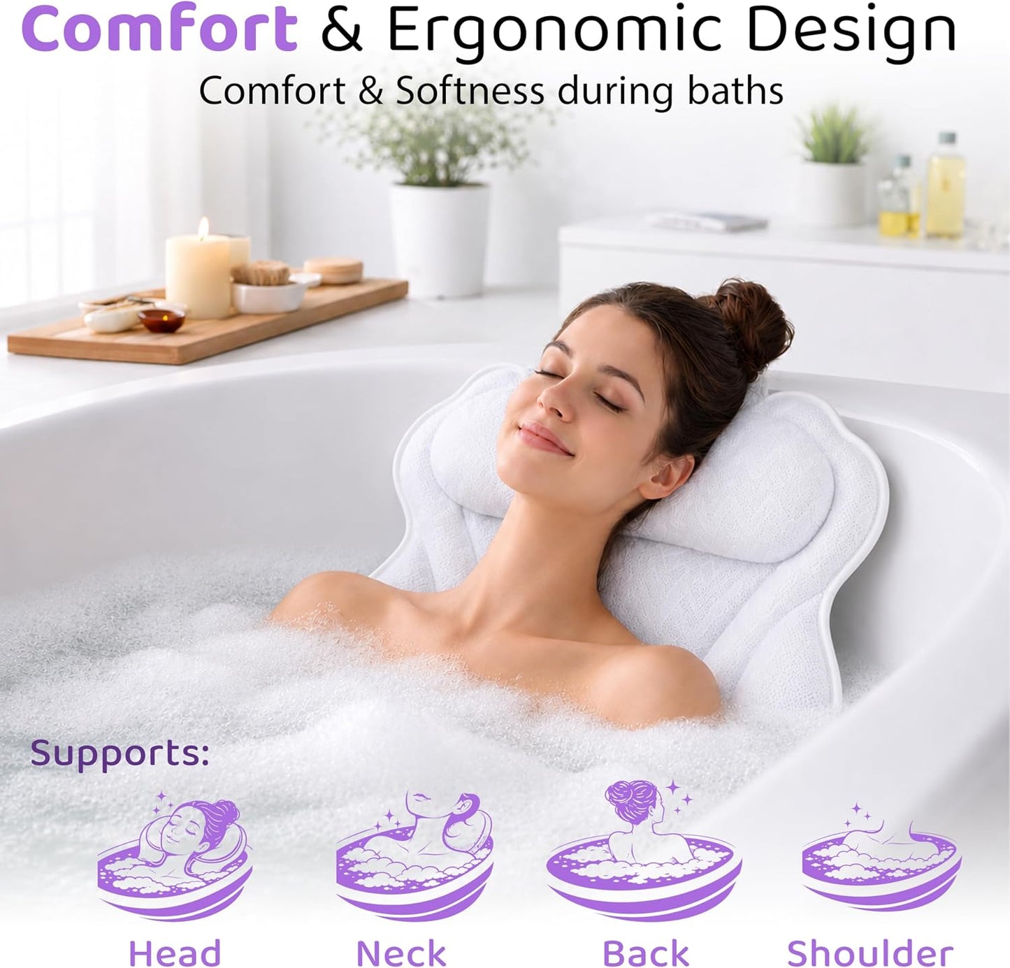 MONK & LLAMA Bath Pillow for Tub Soft Bathtub Pillow for Head and Neck Support Non-Slip Tub Pillow with Quick-Dry Mesh Comfortable Bath Accessory for Women & Men - Wavy, White