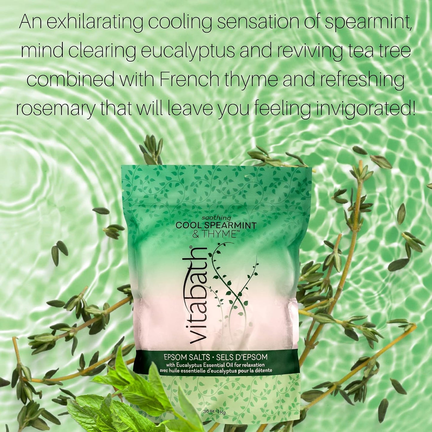 Vitabath Cool Spearmint & Thyme Epsom Salts Relaxing Therapeutic Aromatherapy & Nourishing Skincare - Muscle Soreness & Body Ache Soothing Soak for Women & Men - 36 oz