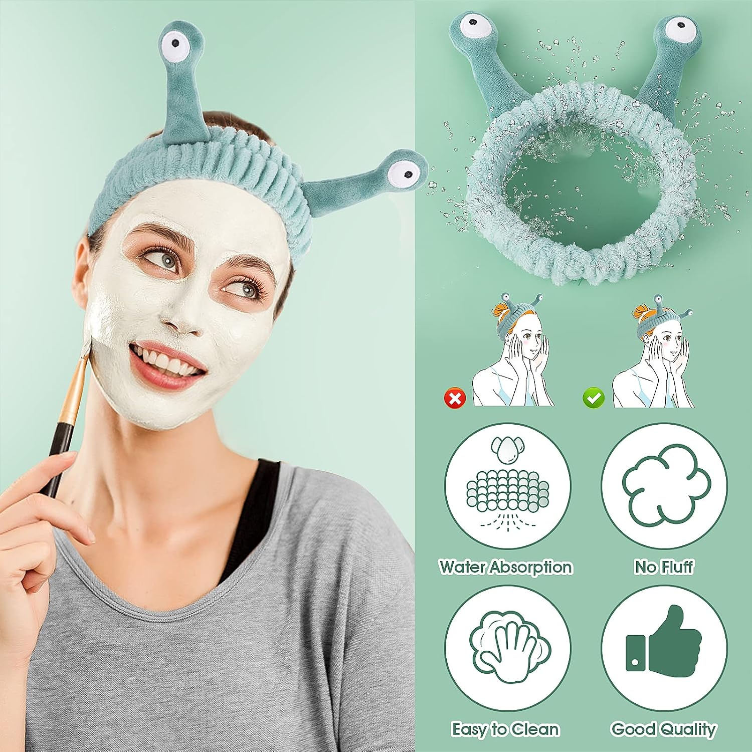 WLLHYF Spa Headband Facial Makeup Head Band Microfiber Soft Coral Fleece Head Wraps Snail Cartoon Cute Christmas Hair Accessories Elastic Skincare Hair Band for Women Girls Washing Face Beauty