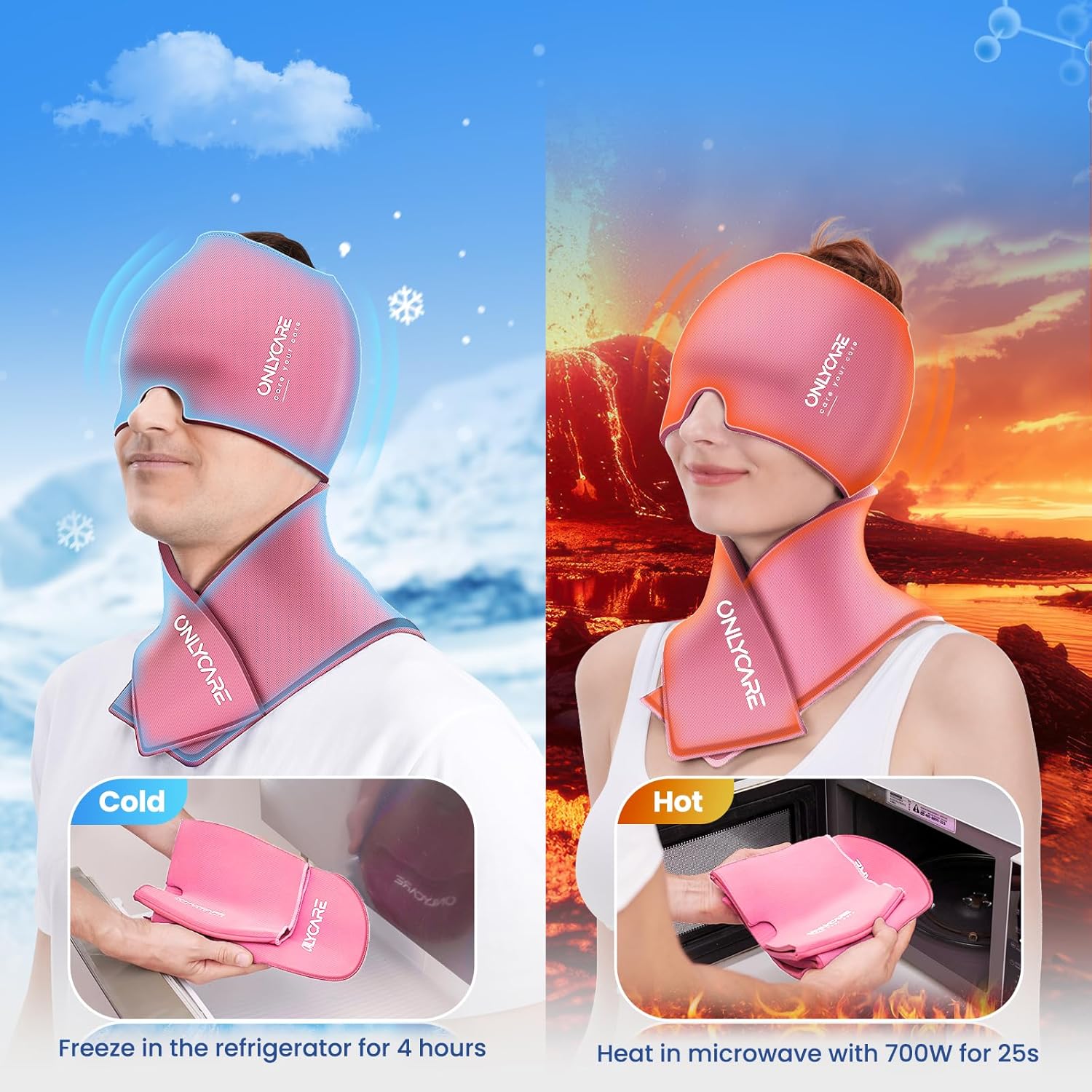 ONLYCARE Migraine Relief Cap and Neck Ice Pack Wrap Gel Set, Upgrade Headache Relief Cap and Shoulder Cold Pack, Hot and Cold Compress, Relief of Pain, Swelling, Office Pressure
