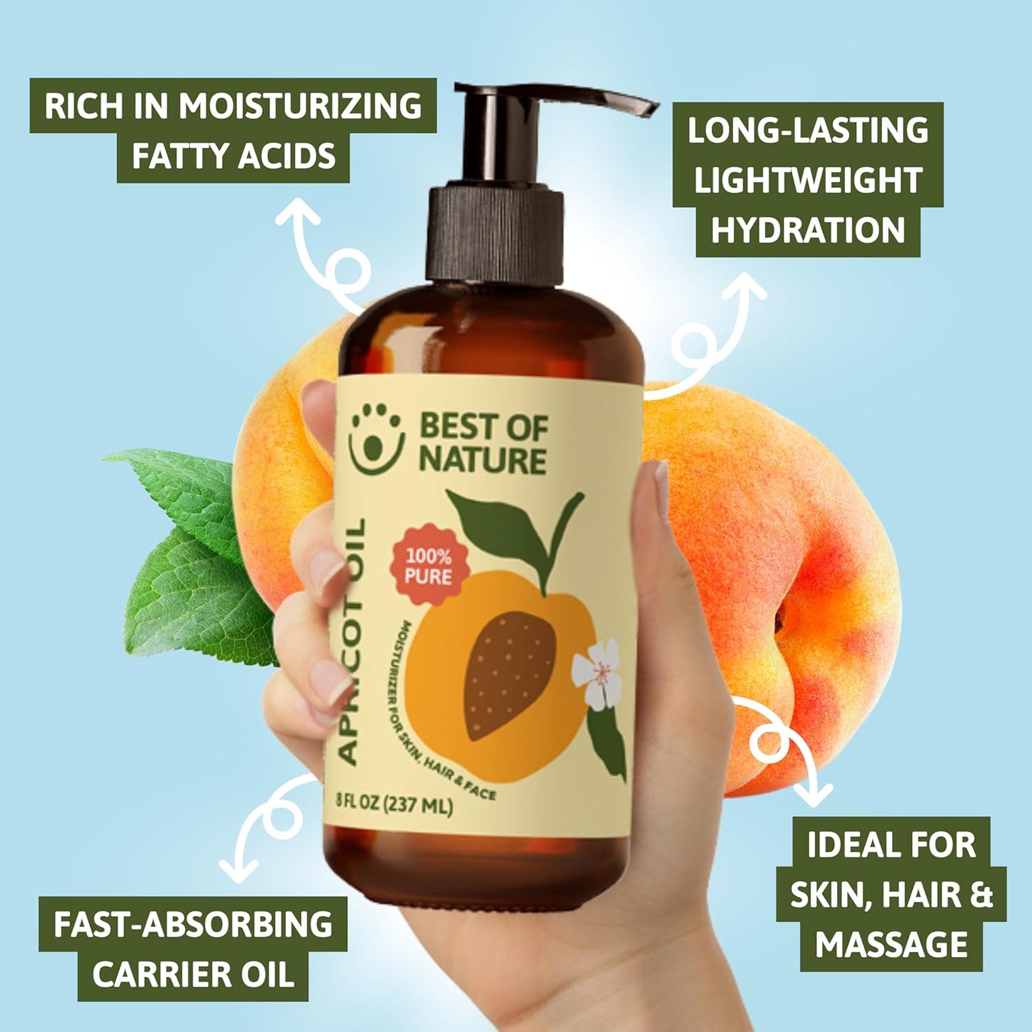 Best of Nature 100% Pure Apricot Oil – Lightweight Massage & Body Oil, Unscented Moisturizer for Hair, Skin, Face, Ideal Carrier Oil for Essential Oils, Half Gallon (64 fl oz)