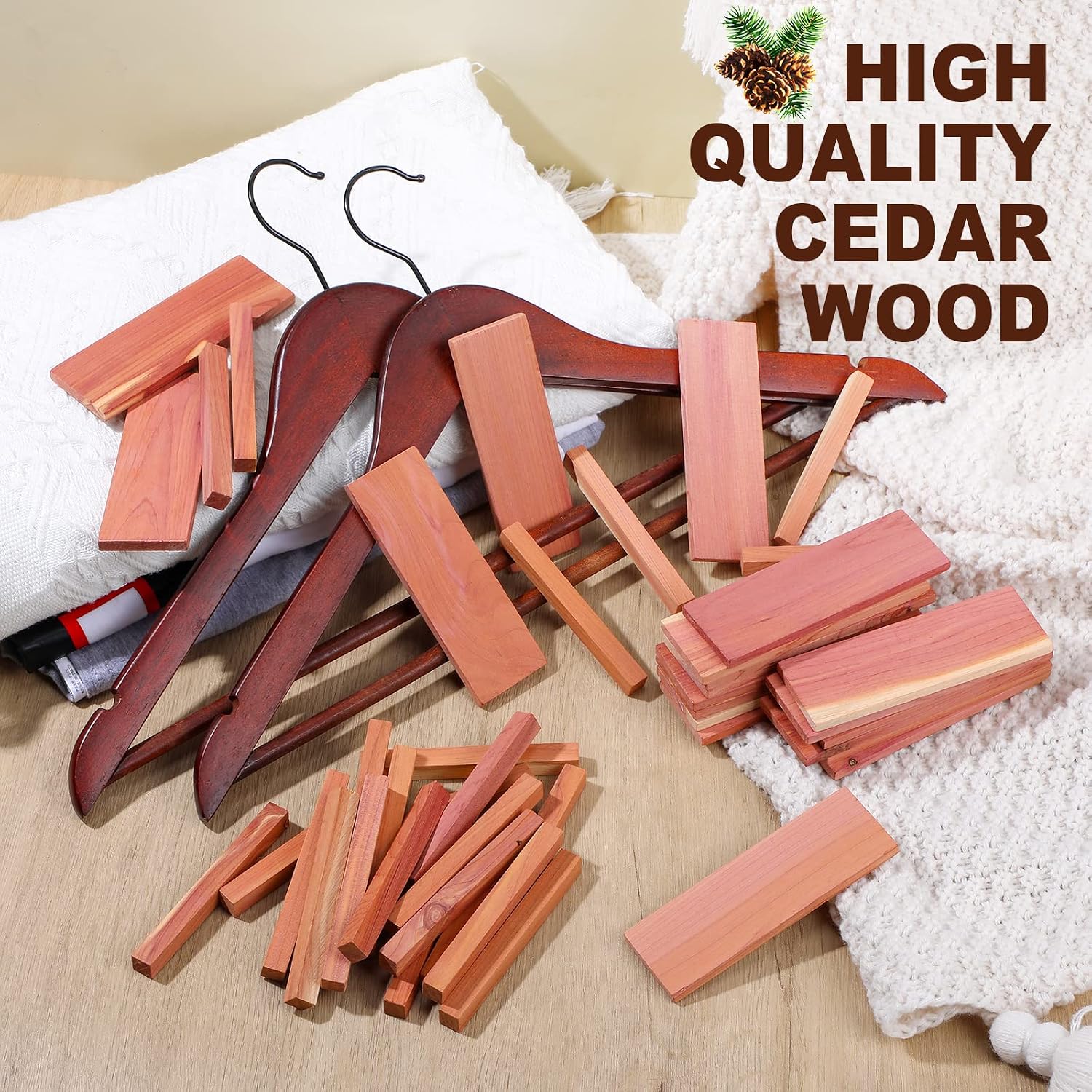 100 Pcs Cedar Blocks for Clothes Storage Natural Fragrance Wood Planks Cedar Chips with Balls/Sticks for Closet Storage Kitchen Wall and Drawer Accessories (Blocks and Sticks)