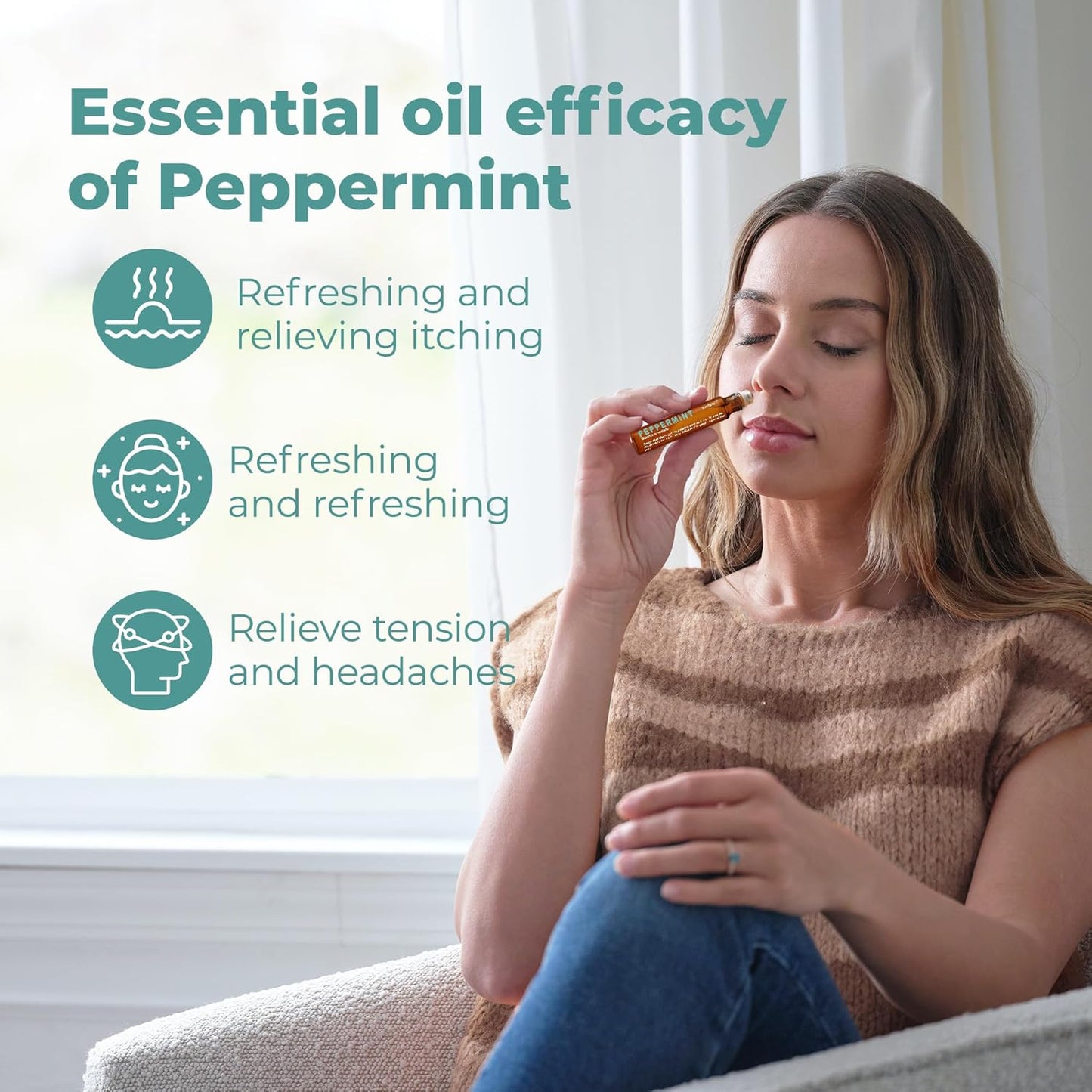 Peppermint Essential Oil, Pre-Diluted Mint Aromatherapy Rollerball, Cooling & Refreshing Scent for Travel, Focus, Relaxation, Easy-Apply Essential Oil Roller