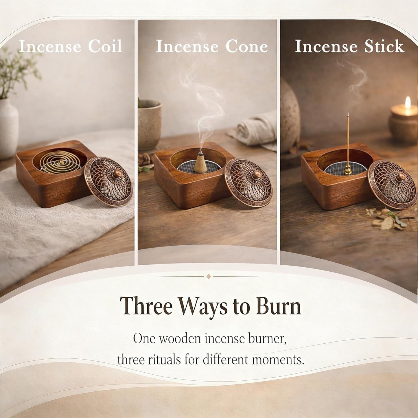Acacia Wood Incense Burner for Cones & Coils, with Sticks Holder - 3-in-1, Zen Meditation Yoga Home Room Decor