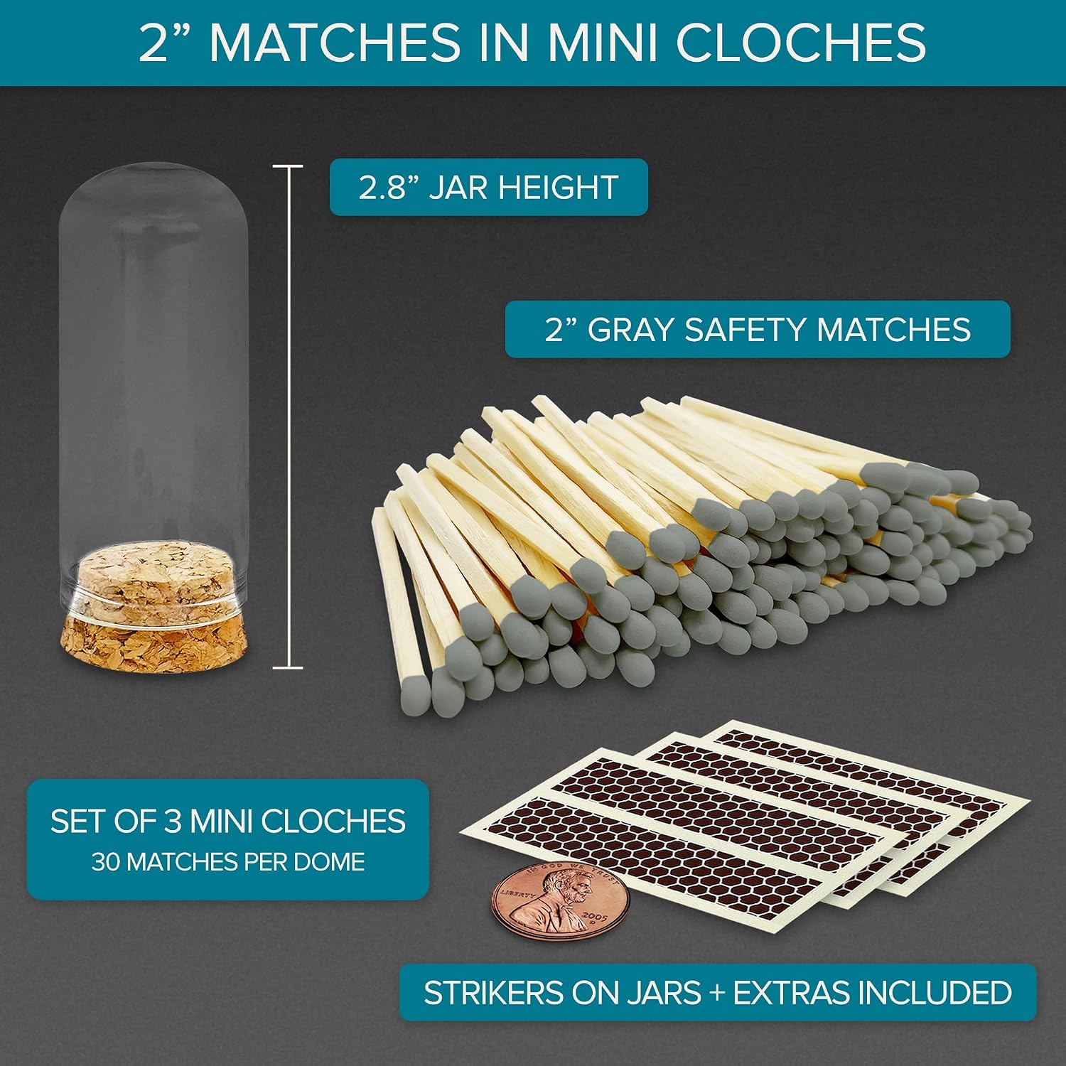 2" Gray Tip Matches with 3 Mini Cloche Jar + Striker Stickers Included | 100 Stylish Decorative Matches with Small Cork Top Glass Holder | Gifts, Home Decor, & Candle Accessories by Thankful Greetings