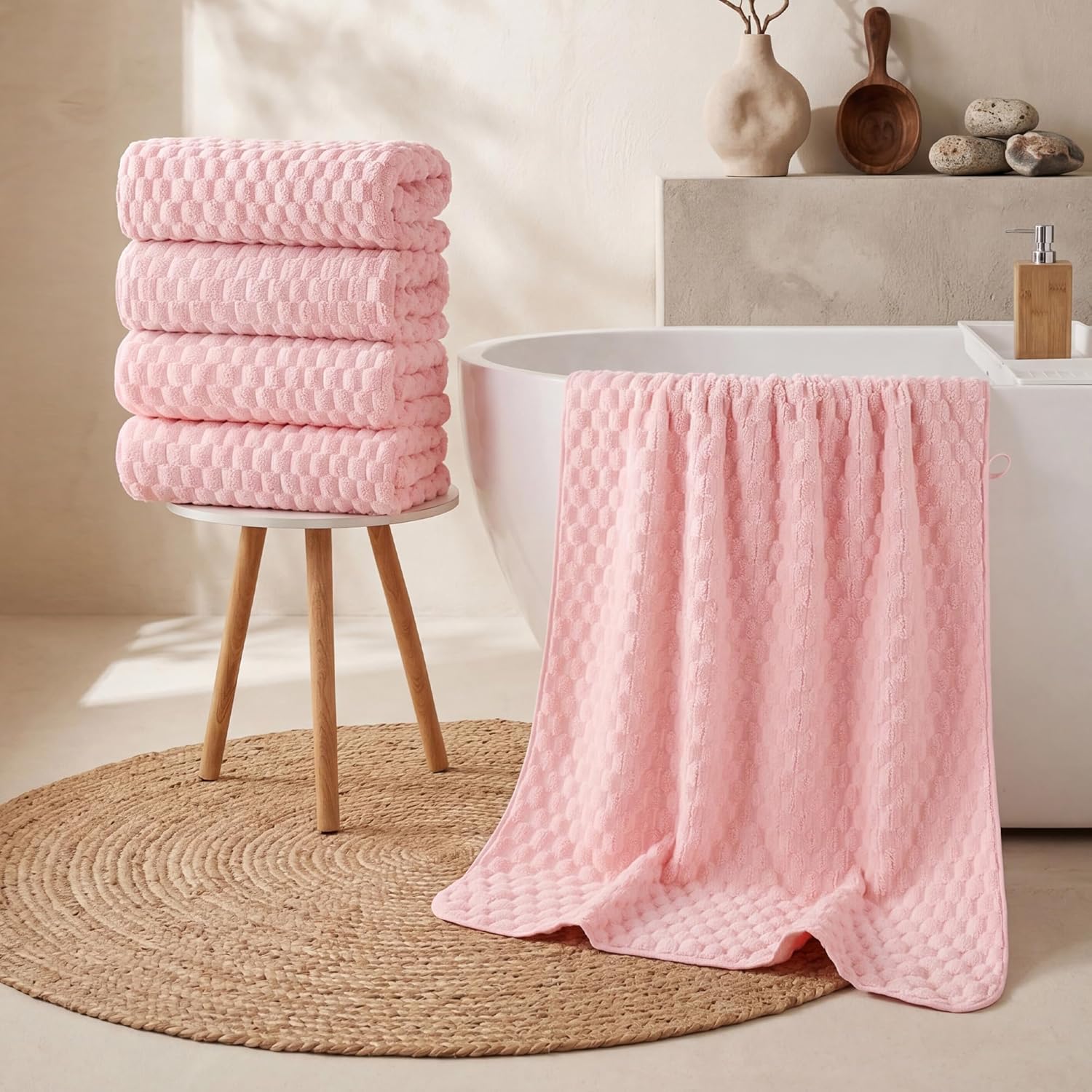 REDKISS 4 Pack Pink Microfiber Bath Towels - Extra Large Waffle Towels Set for Bathroom, Super Absorbent Towel Set of 4 Lagre, Quick Dry Bathroom Towel for Spa, Gym,Travel, Lint Free, Ultra Soft