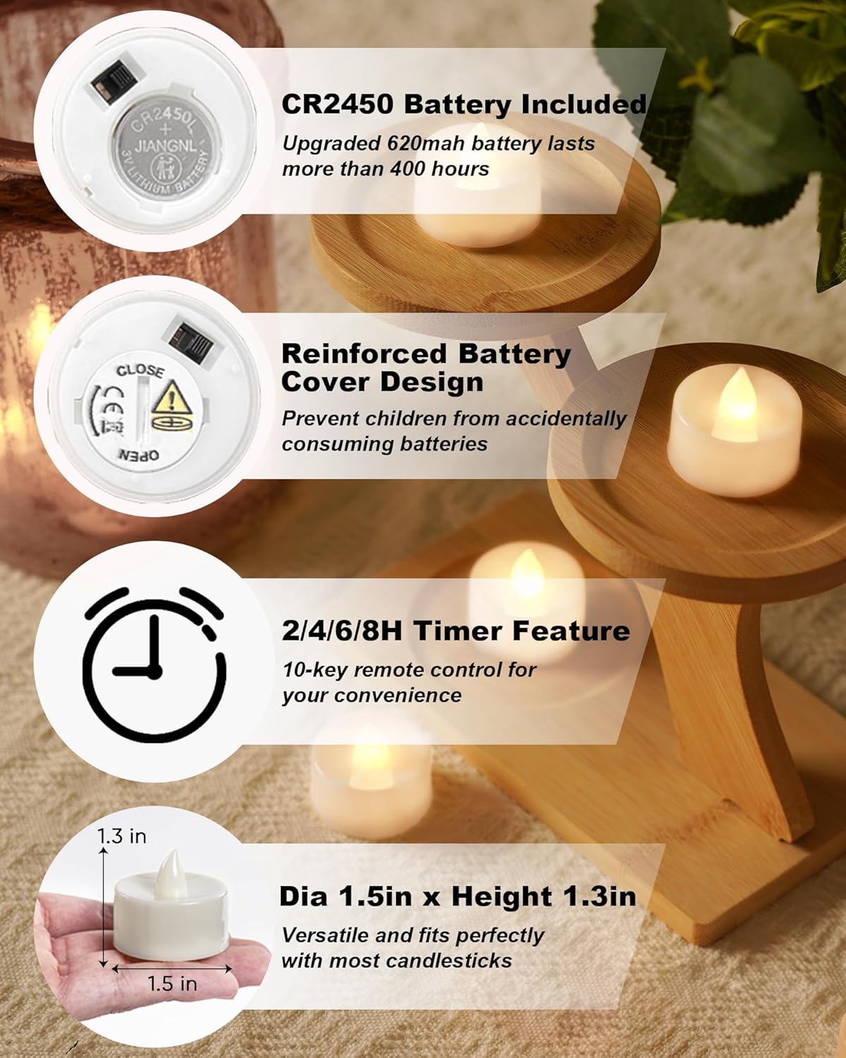 BEICHI Remote Candles, 12 Pack Timer Candle, Flameless Tea Lights Candles Battery Operated, Flickering LED Tea Lights, Timer Battery Votive Candles- Warm White- White Base
