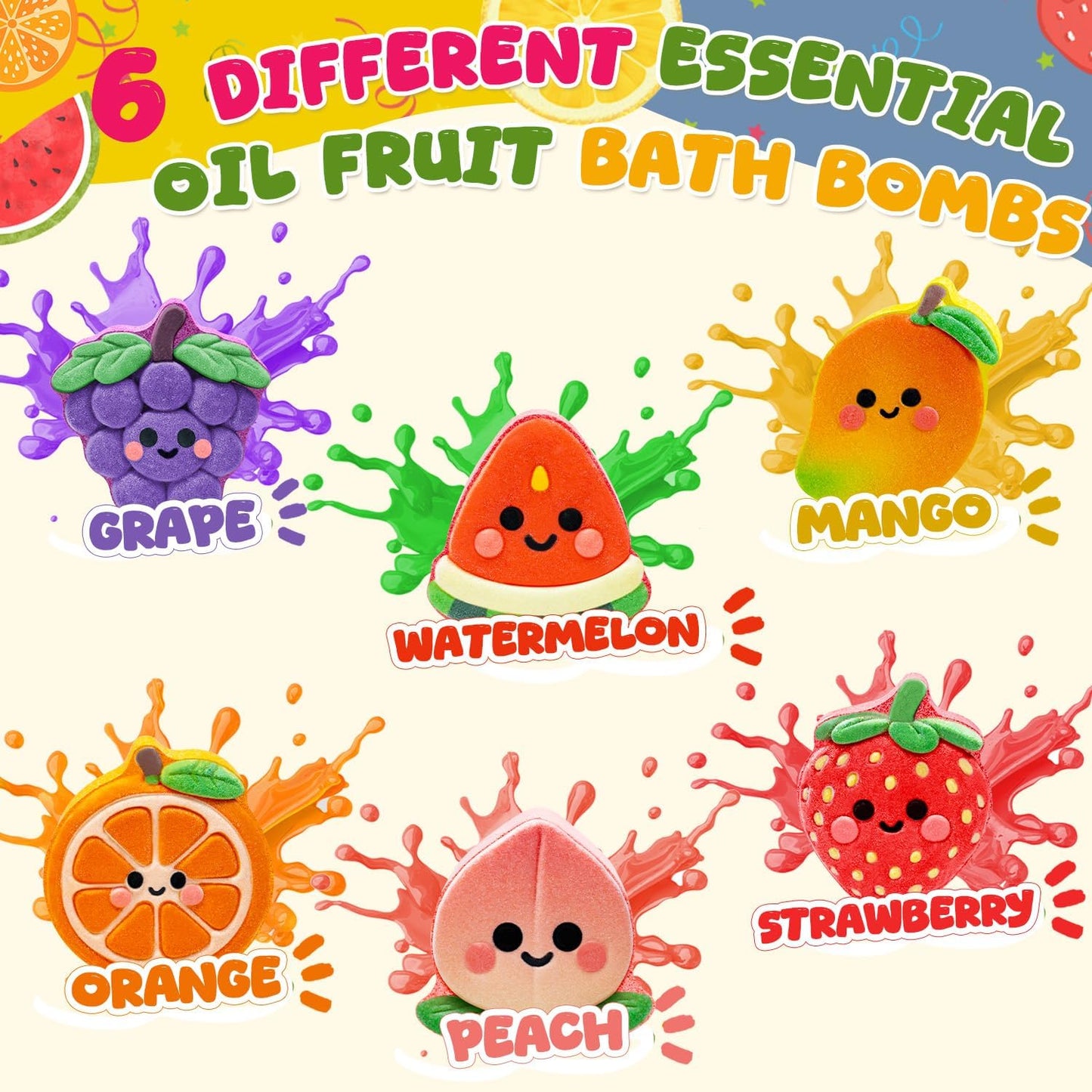 Bath Bombs for Kids Fruit Themed, STEM 6 Pack Natural Organic Handmade Kids Bath Bomb, Gentle Skin-Friendly Bath Toys for Boys Girls, Children Daily Reward & Birthday Gift