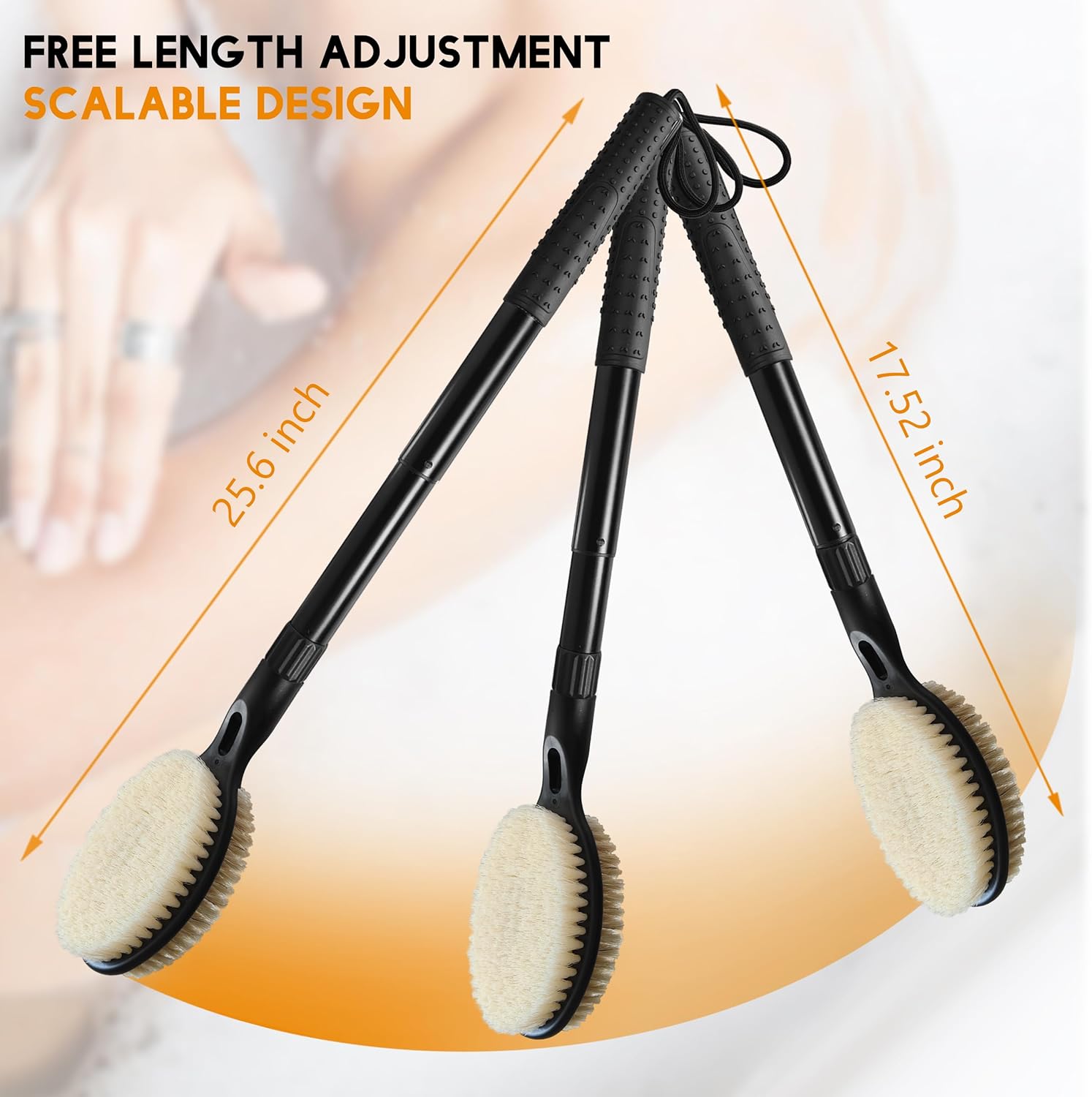 Back Scrubber for Shower with Long Handle, Dual-Sided Bath Brush for Wet & Dry Brushing, Soft & Stiff Bristles Body Exfoliator, Adjustable Detachable Shower Brush for Back, Legs & Feet
