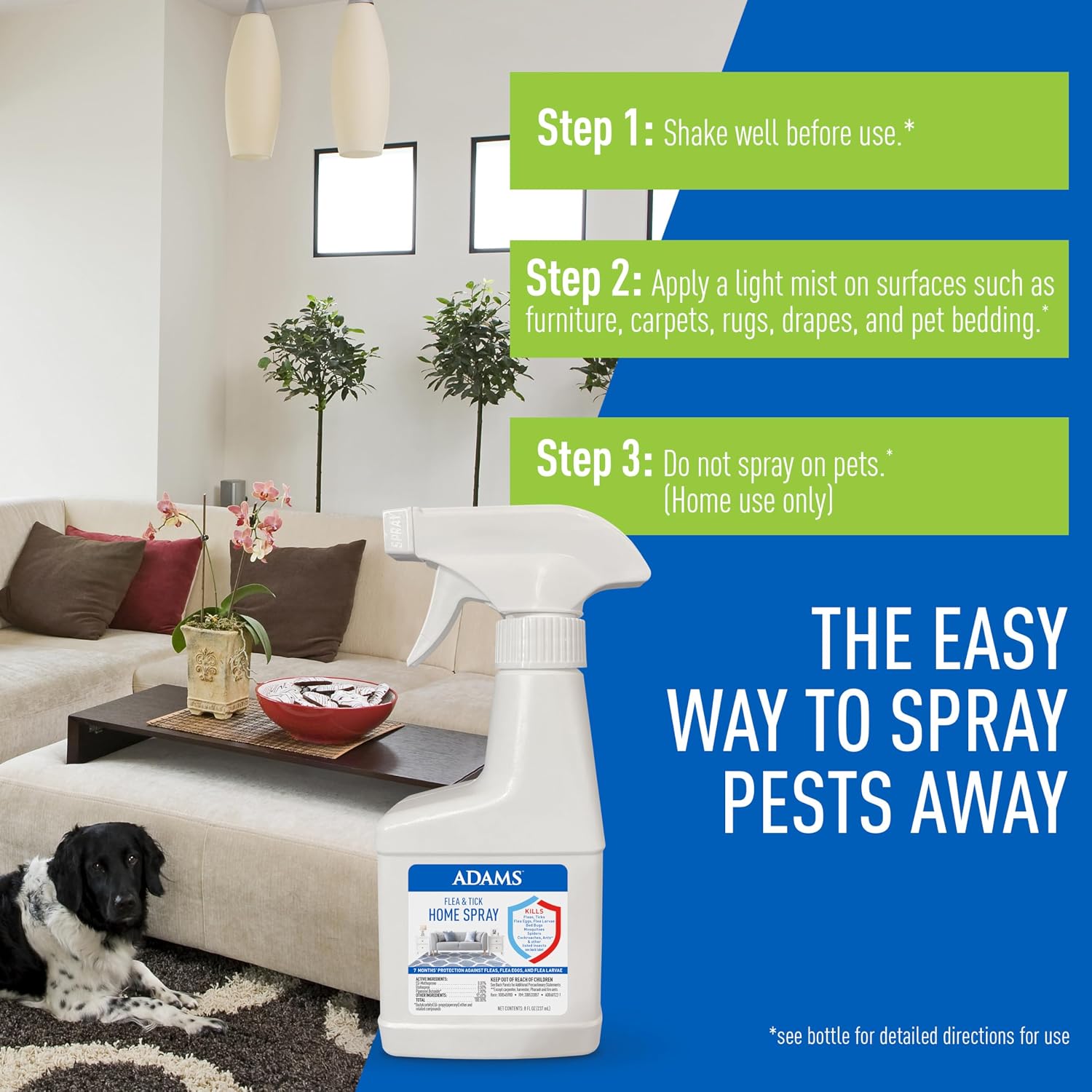 ADAMS Flea & Tick Home Spray for Indoor House Treatment, Tick and Flea Spray for Home, Carpet, Furniture & Pet Bedding, Controls Bed Bugs, Cockroaches, Spiders & Mosquitoes, 8 oz