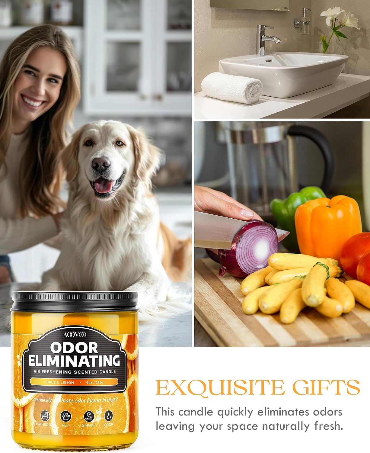 AOOVOO 4 Pack Citrus Lemon Odor Eliminating Highly Fragranced Candle Set - Eliminates 95% of Pet, Smoke, Food, and Other Smells Quickly, Non Toxic Air Freshing Soy Candle