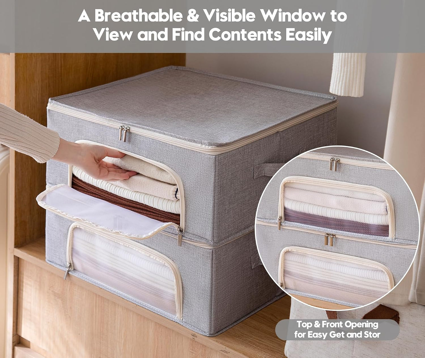 2-Pack Cashmere Sweater Storage Bags with Natural Cedar Blocks, Breathable Clothes Storage Bag with Mesh Window & Handles, Foldable Closet Garment Storage for Cashmere, Wool & Knitwear-Grey
