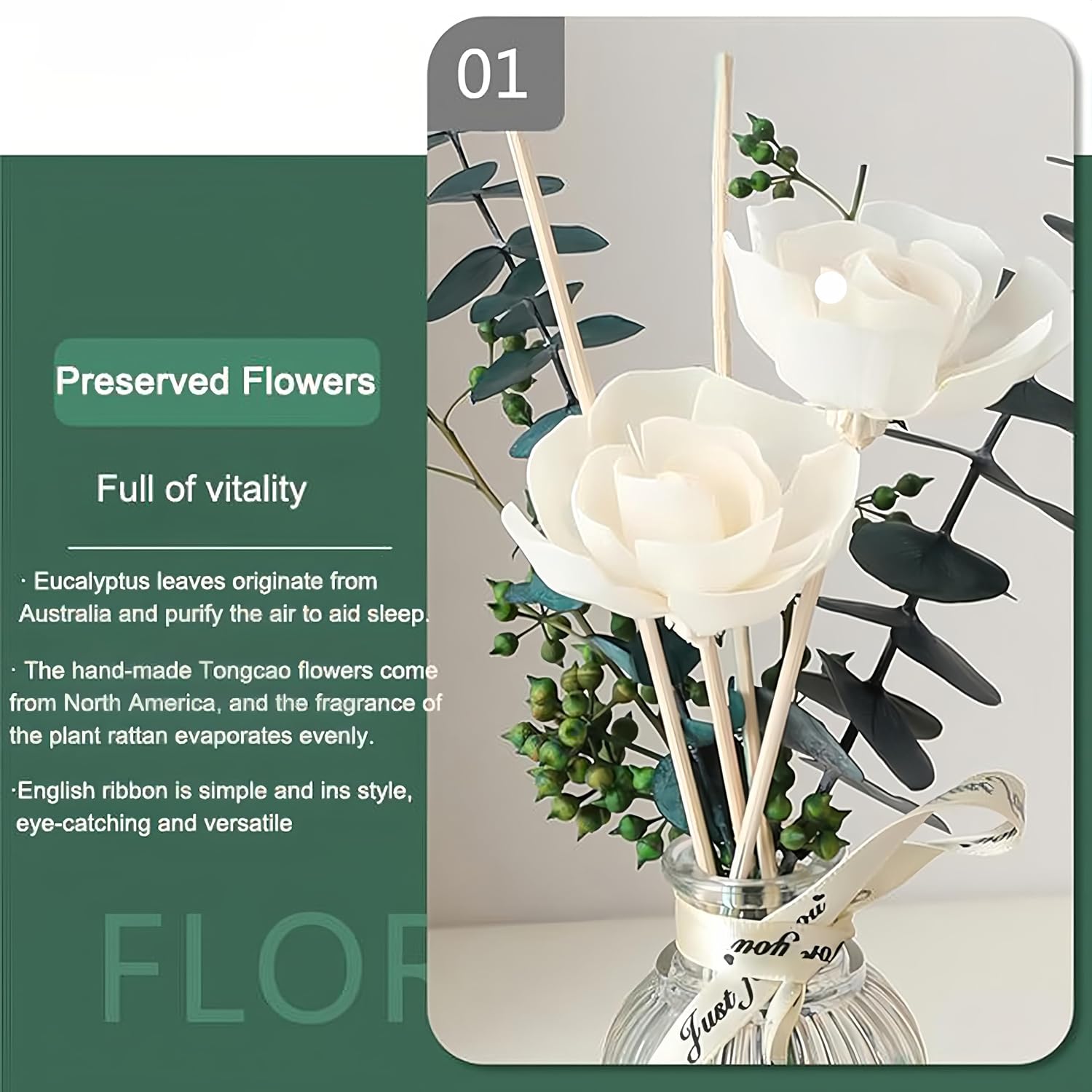 Dried Flowers Reed Diffuser of Home,Bathroom Diffuser with Sticks, 3.38OZ Essential Oil Jasmine Scented,for Home, Office Aroma