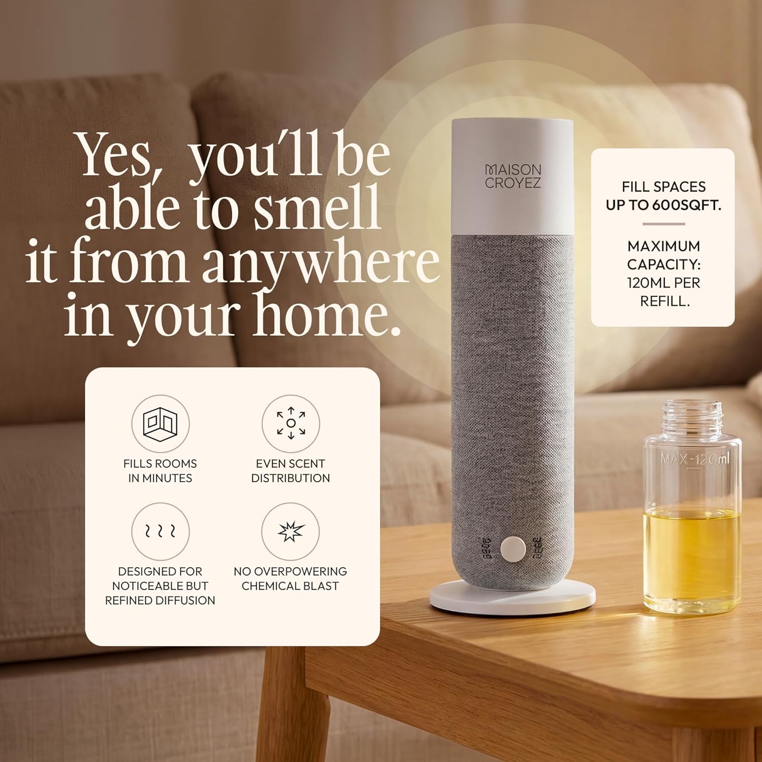 Waterless Essential Oil Diffuser (120ml Bottle) – Nebulizing Aroma Diffuser, 3 Intensity Levels, 1/3/6H Timer + Auto Mode, Warm Ambient Light, Up to 600 sqft