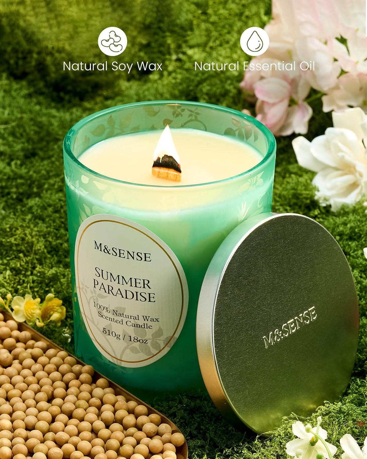 M&SENSE Summer Paradise Scented Candle | Cracking Wooden Wick, Soy Wax, 18oz, 100 Hours Long Lasting, Non-Toxic Aromatherapy