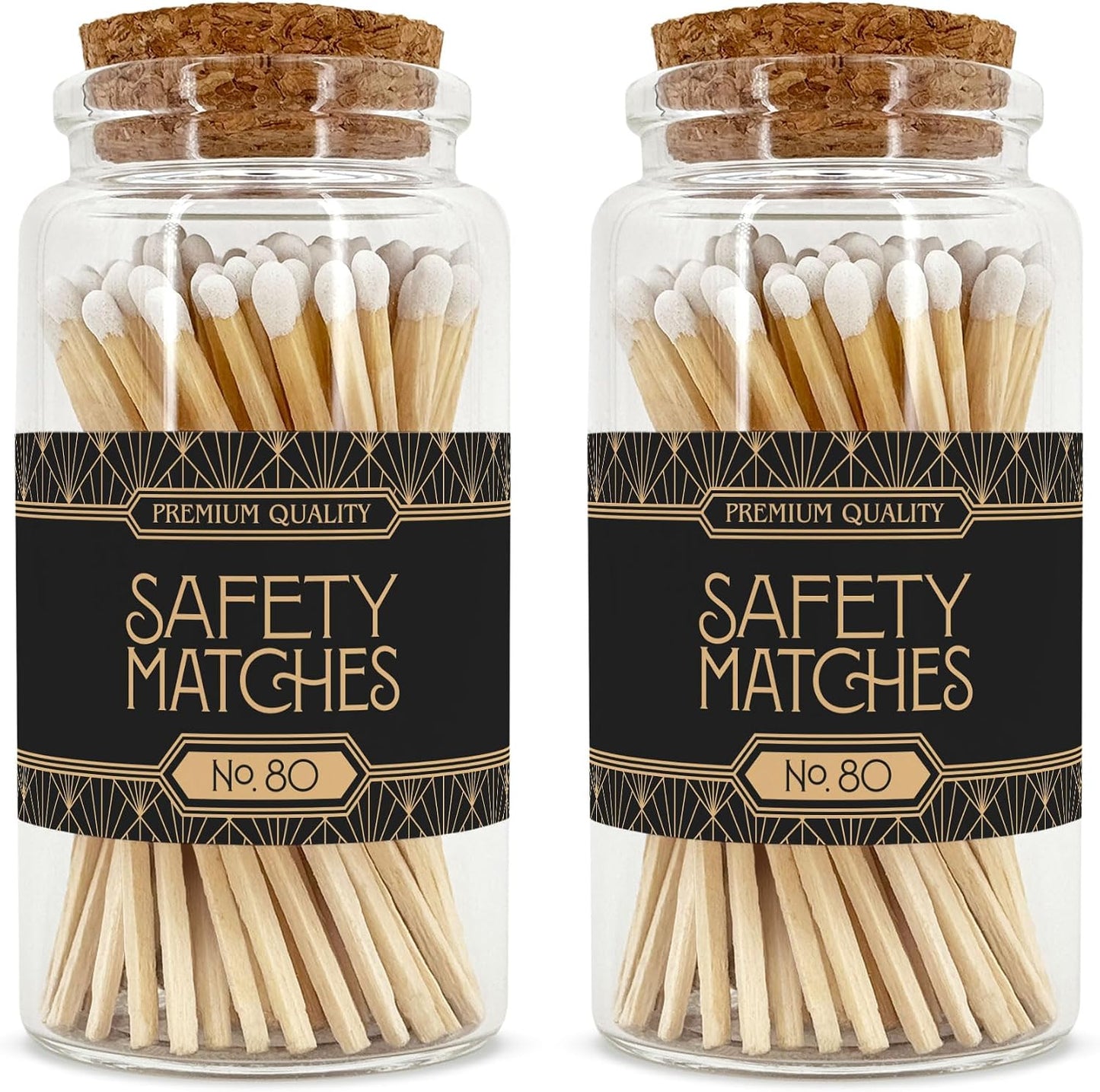 Art Deco Wooden Matches in a Jar with Striker | Decorative Matches for Candles | Long Matches for Candles in Apothecary Glass Jar | Approx. 80 Safety Matches for Home Decor & Bathroom