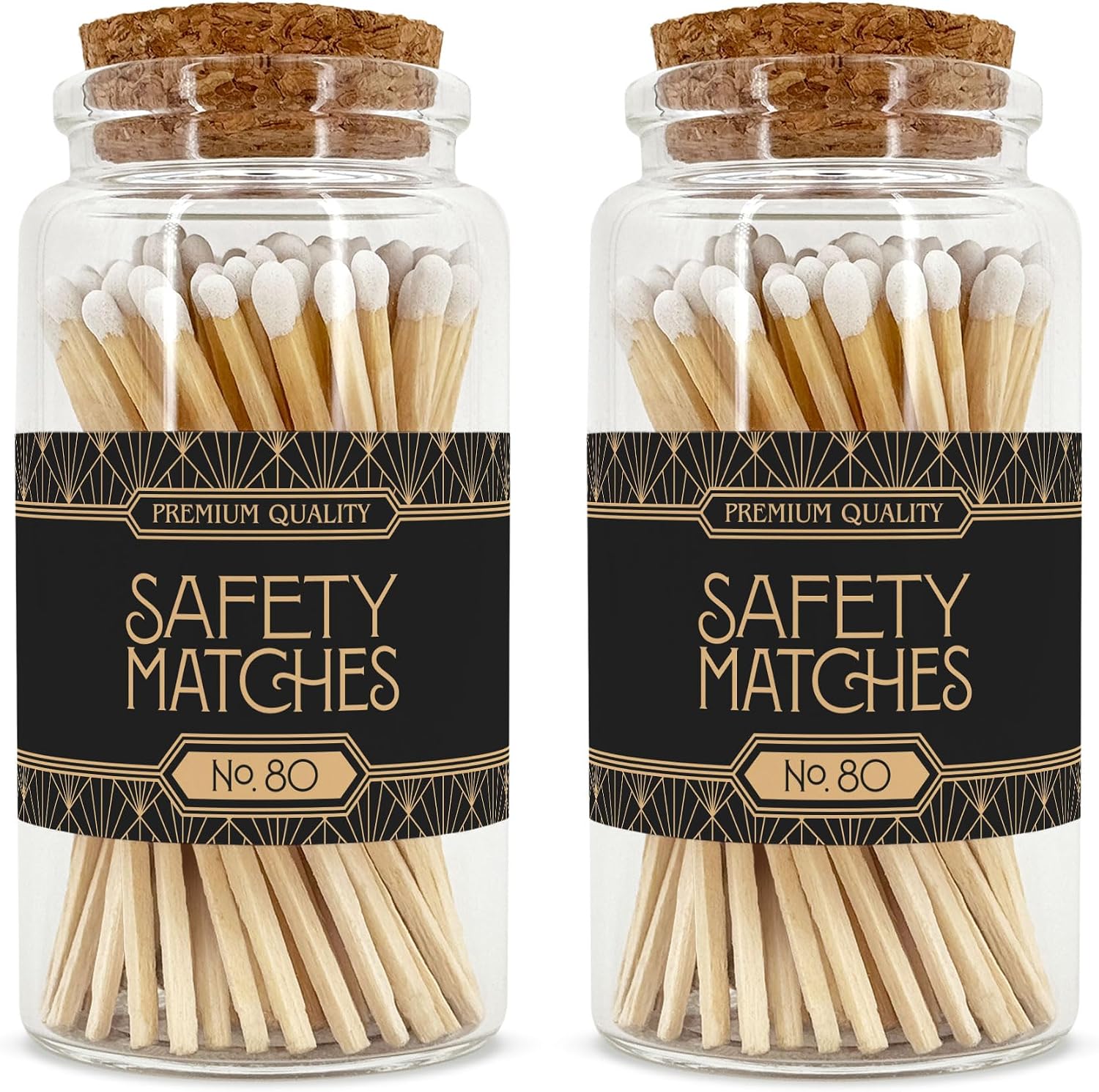 Art Deco Wooden Matches in a Jar with Striker | Decorative Matches for Candles | Long Matches for Candles in Apothecary Glass Jar | Approx. 80 Safety Matches for Home Decor & Bathroom
