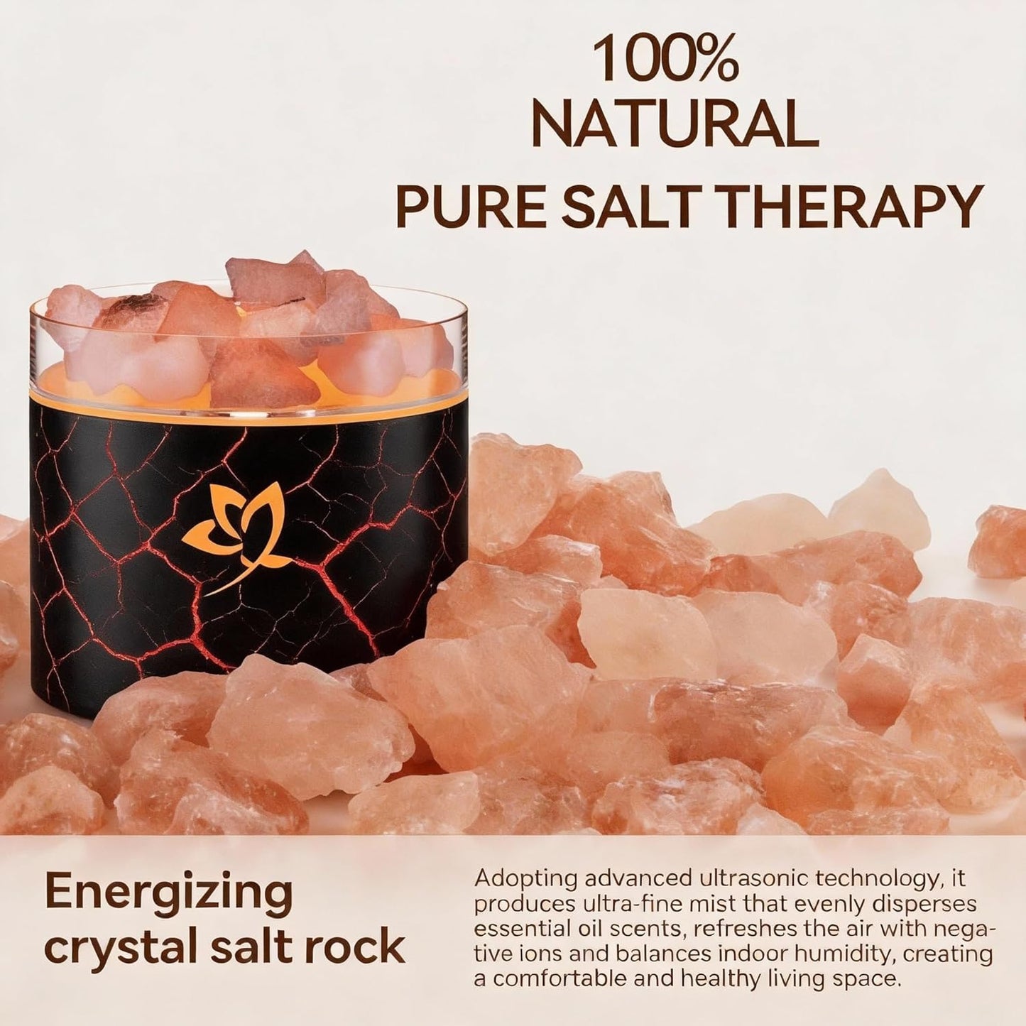 4-in-1 Ultrasonic Crystal Salt Stone Aromatherapy Diffuser & Humidifier - 7-Color LED Dreamy Flame Light, Auto Shut-Off, 2 Modes | Home/Office/Yoga (Black Grain)