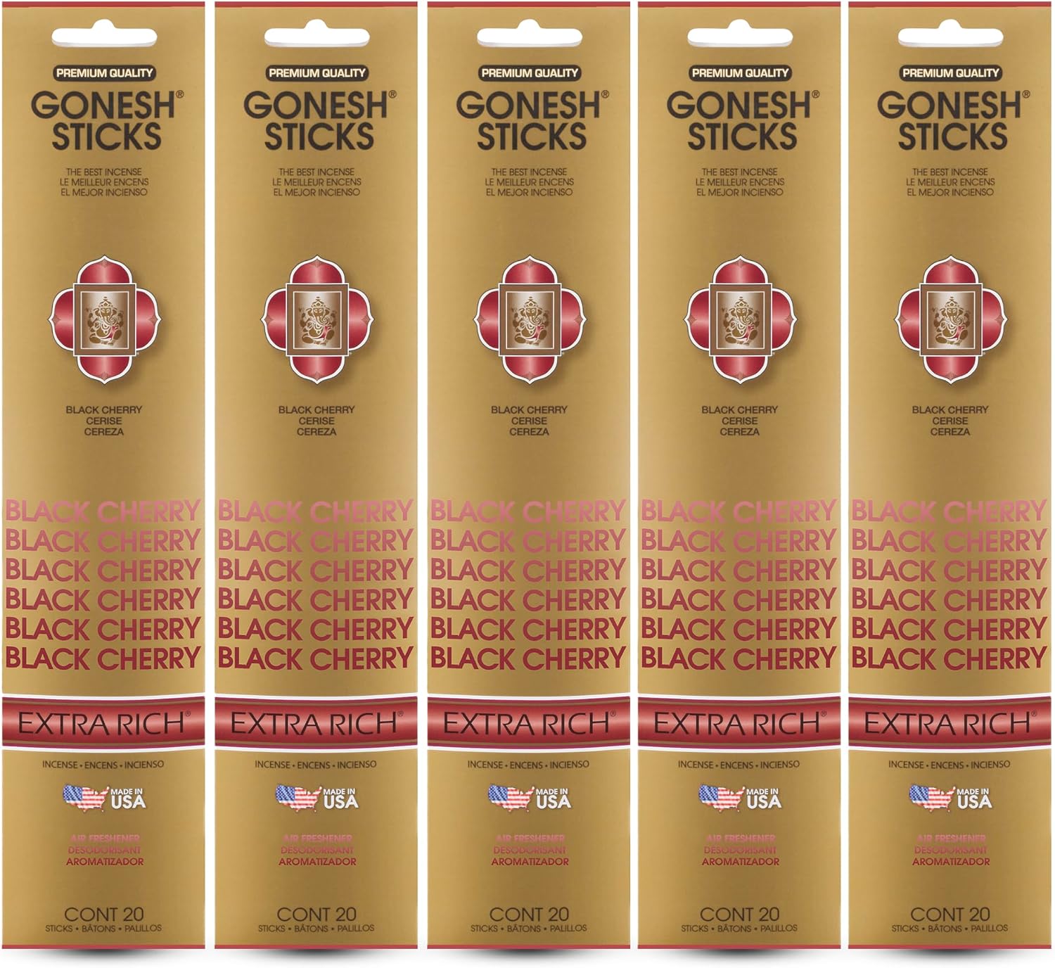 Gonesh - Extra Rich Scented Incense Sticks - Non-Toxic 10” Slow Burn Aromatic Sticks - Black Cherry - 100 Total - 5 Packs of 20