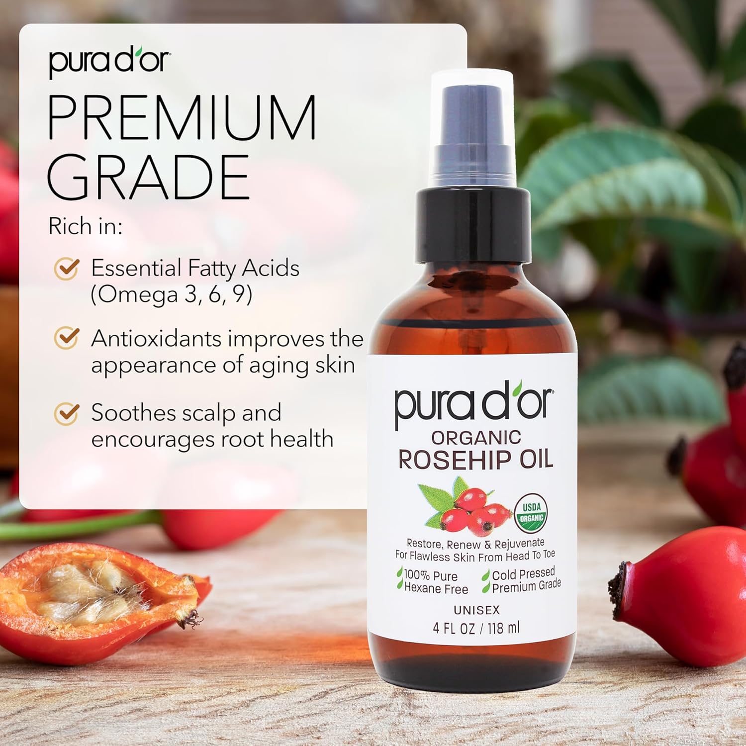 PURA D'OR ORGANIC Rosehip Seed Oil 100% Pure Cold Pressed USDA Certified For Hair, Skin, Scalp, Anti Aging Face & Body - Hexane Free Glass Bottle - 4 Oz - Hair Regrowth Tonic