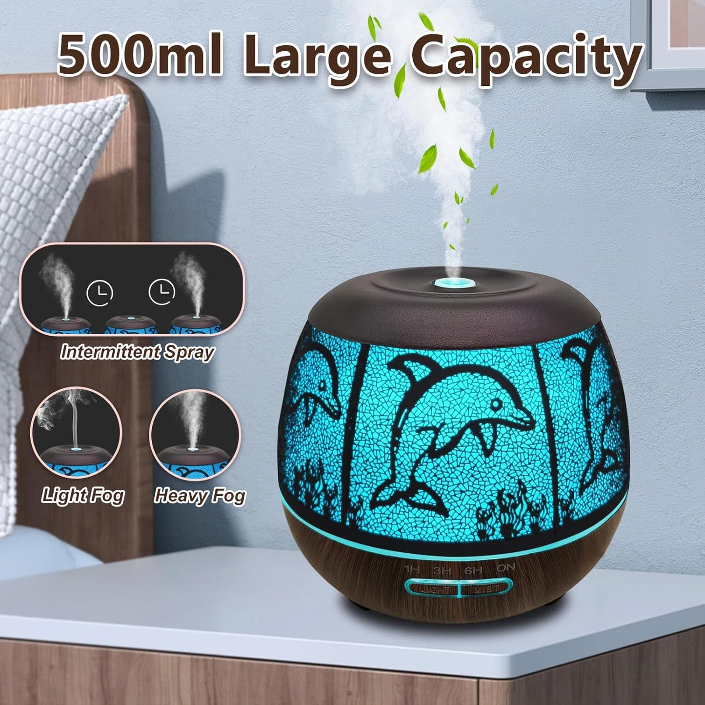 Essential Oil Diffuser for Home,500ML Aromatherapy Diffusers for Essential Oils Large Room with Cool Mist Humidifiers for Bedroom,7 Colors Changed & 3 Mist Mode Automatic Shut-Off - Dolphin