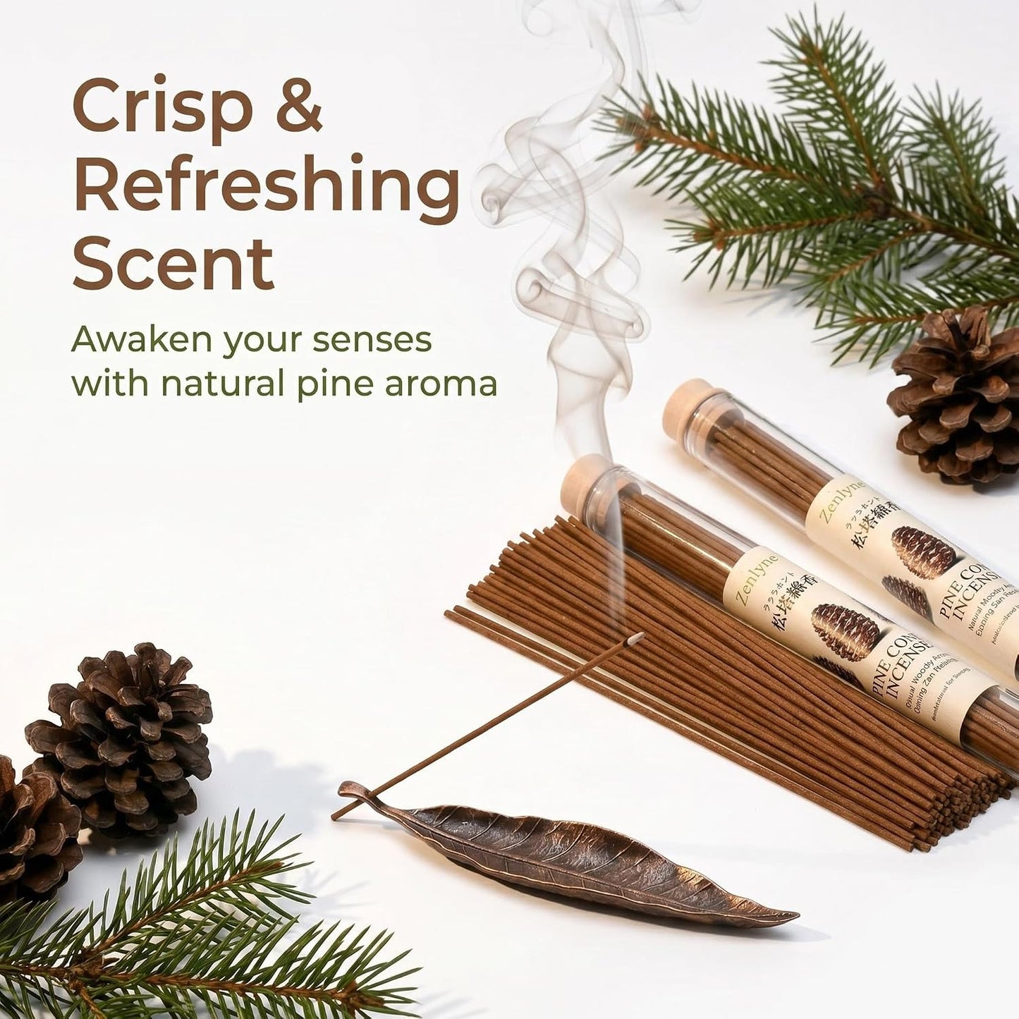 Pine Cone Incense Sticks,Natural Woodsy Aroma for Daily Aromatherapy & Meditation, Crisp Cedarwood & Forest Healing Scent, Calming Zen Relaxation, Handcrafted with Leaf Incense Holder
