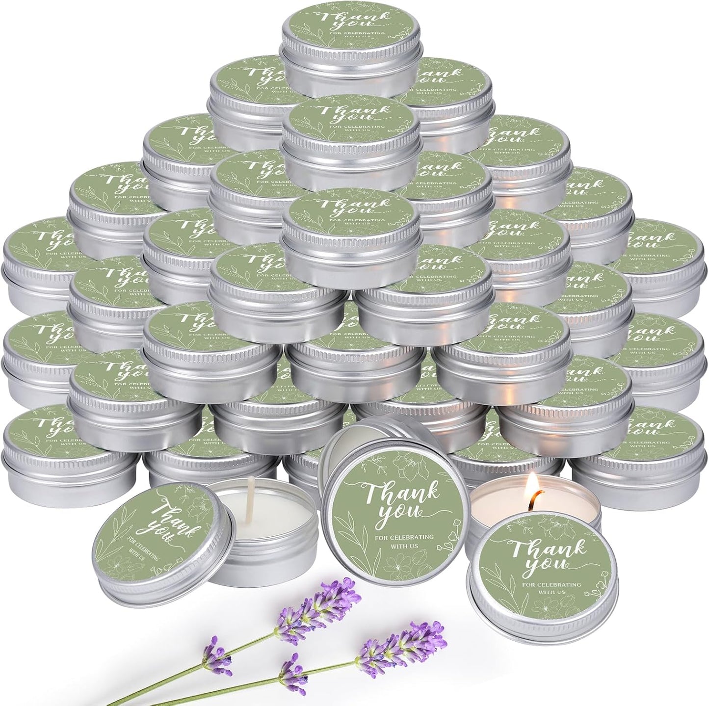 MTLEE 50 Pcs Sage Green Wedding Thank You Candles Gifts for Guests, Bridal Shower Baby Shower Favors, 1 oz Mini Lavender Scented Soy Wax Candles Tin Bulk for Birthday Aromatherapy Party Favors