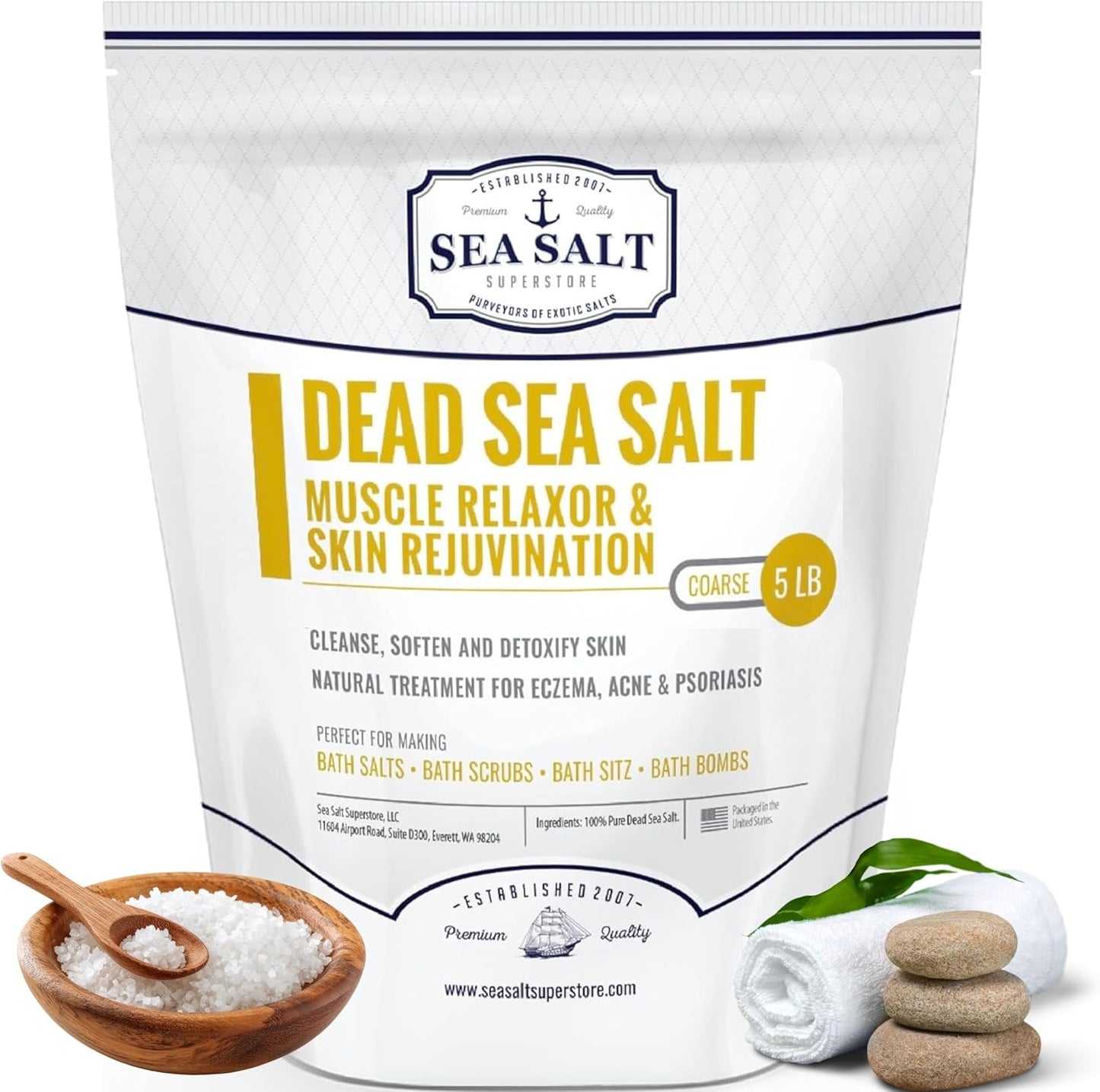 Sea Salt Superstore Natural Dead Sea Salt for Soaking - Coarse Grain Mineral Bath Salts from Israel Supporting Muscle Relaxation & Skin Rejuvenation - Home Spa Essentials - (5lb Bag)