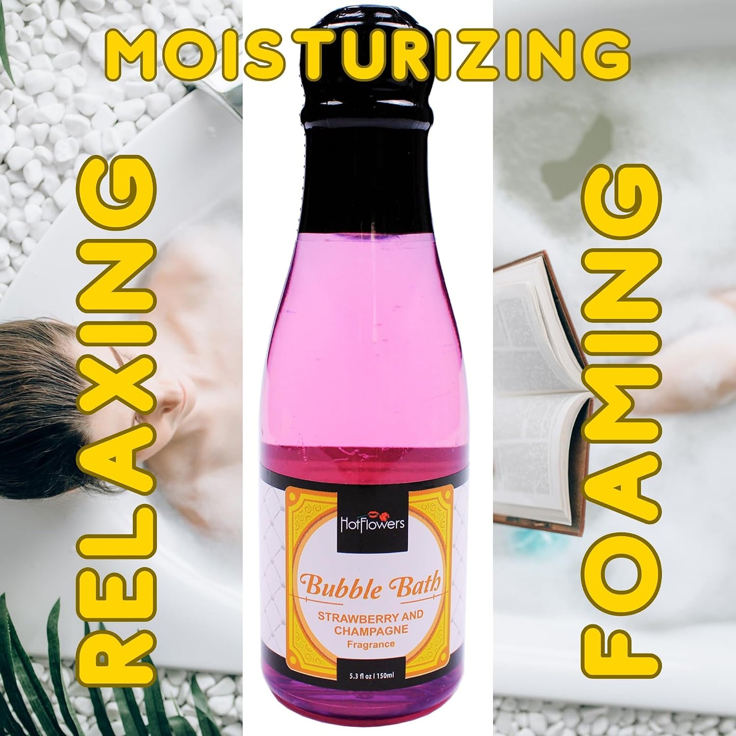 Hot Flowers Bubble Bath Scented – Women and Men Bath Foam Products – Relaxing, Foaming, and Moisturizing Adult Soak – Special Small Champagne-Shaped Pet Bottle - Strawberry with Champagne Scent (3)