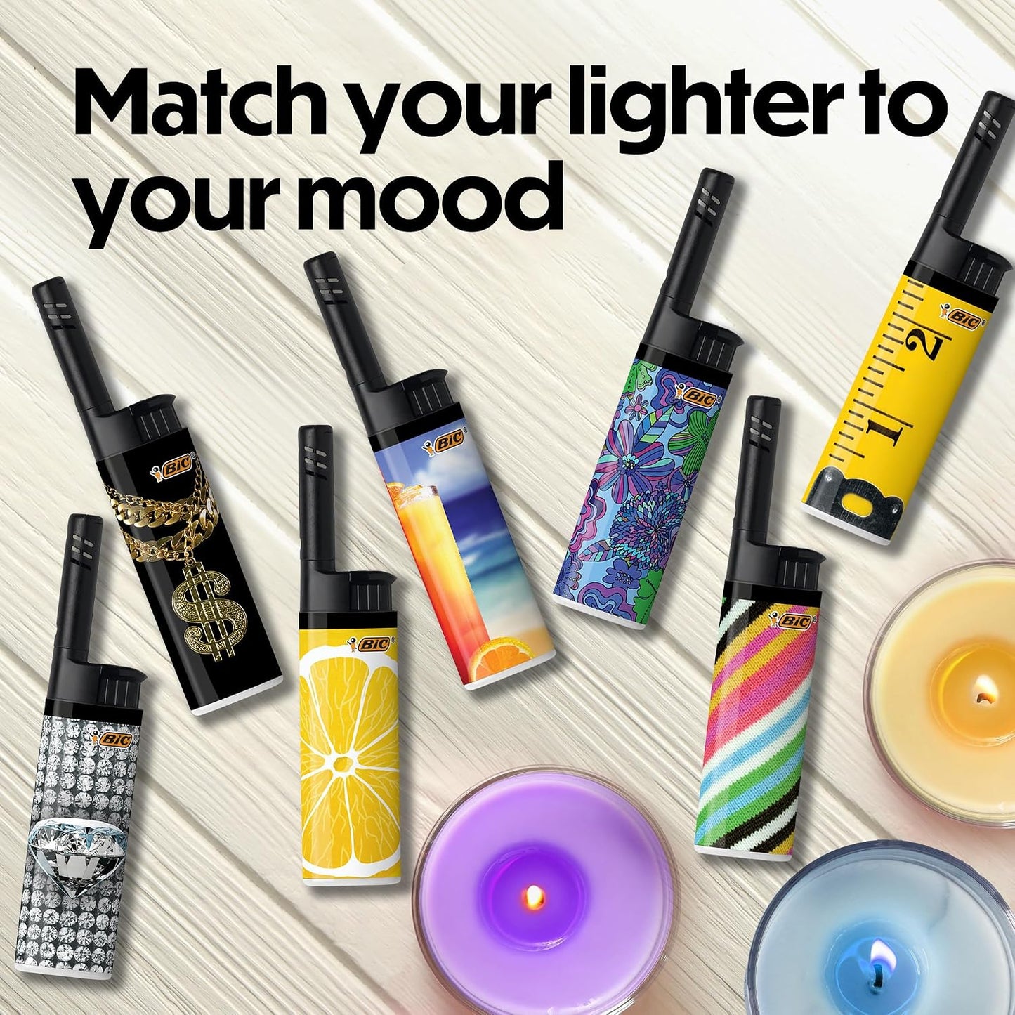 BIC EZ Reach Lighters, Reliable Candle Lighter with Safe Extended Wand, Assorted Designs, 6-Pack (Designs May Vary)