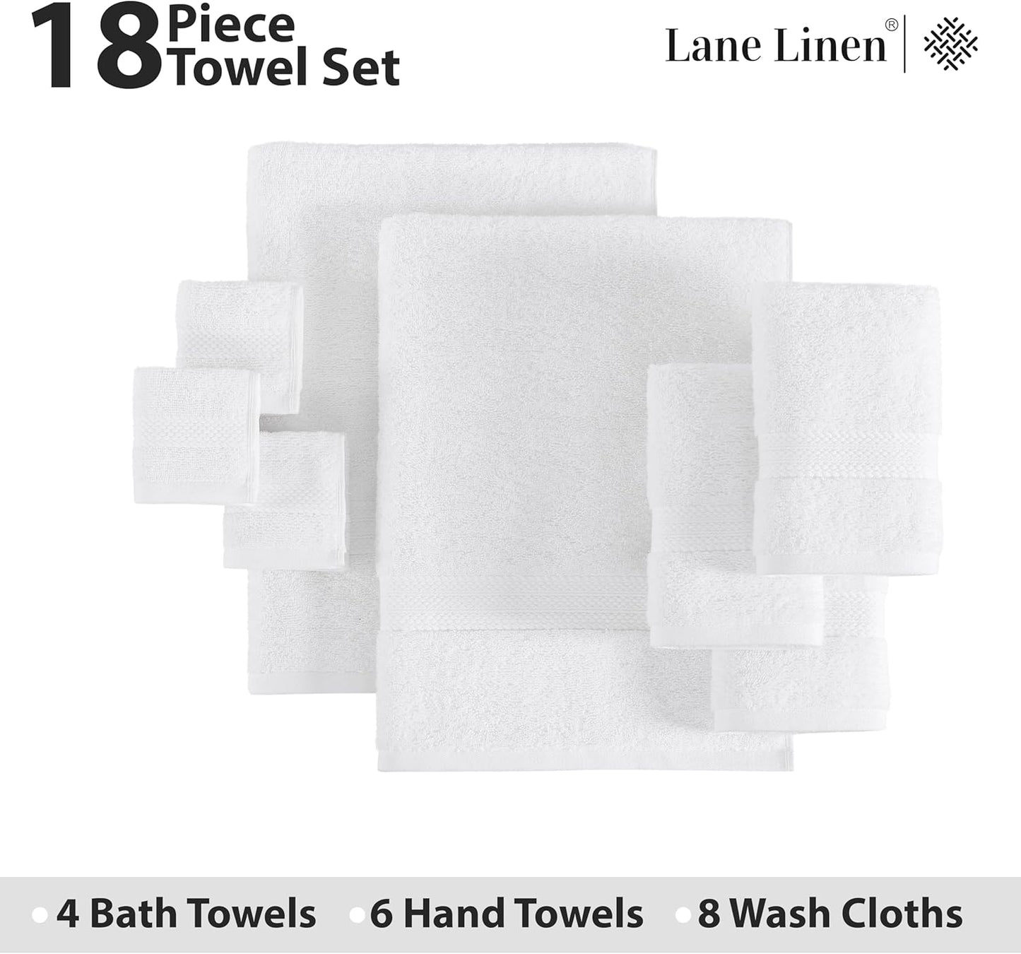 LANE LINEN Cotton Bath Towel Set 18 Piece - Super Soft, Absorbent & Quick Dry - 4 Bath, 8 Washcloths, 6 Hand Towels for Bathroom - Hotel Quality Turkish Towels, Ideal for Spa, Gym & Travel - White